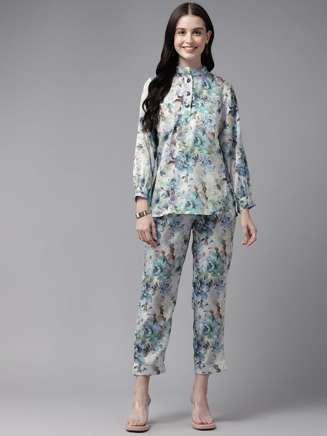 

BAESD Floral Printed Top With Trousers Co-Ords, Turquoise blue