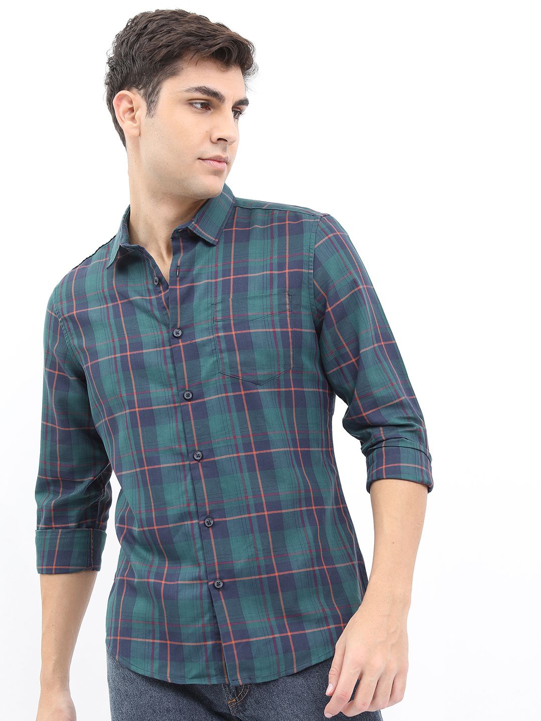 

HIGHLANDER Men Spread Collar Tartan Checked Cotton Slim Fit Casual Shirt, Teal
