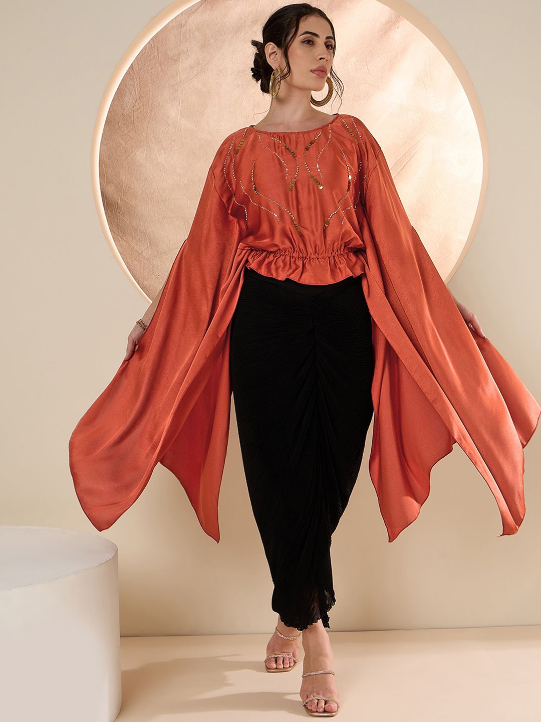 

Antheaa Rust Embellished Top With Skirt