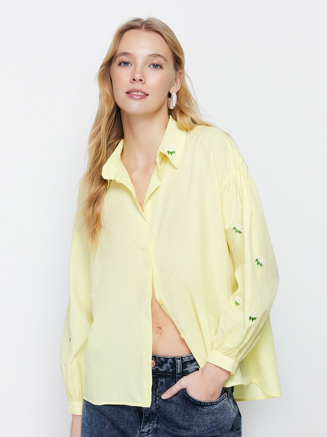 

Trendyol Women Spread Collar Solid Cotton Casual Shirt, Yellow