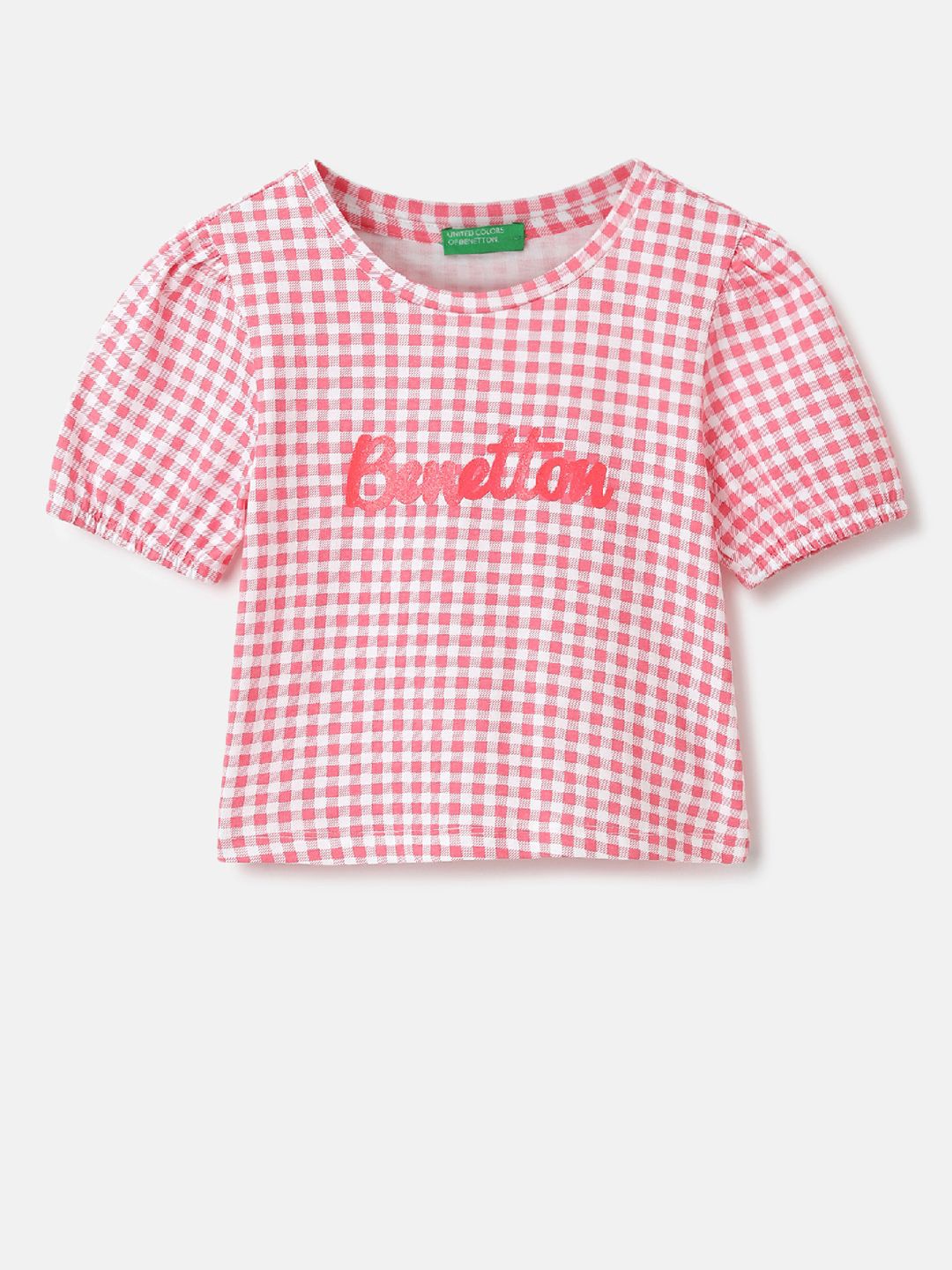 

United Colors of Benetton Girls Checked Round Neck Pure Cotton Top, Pink