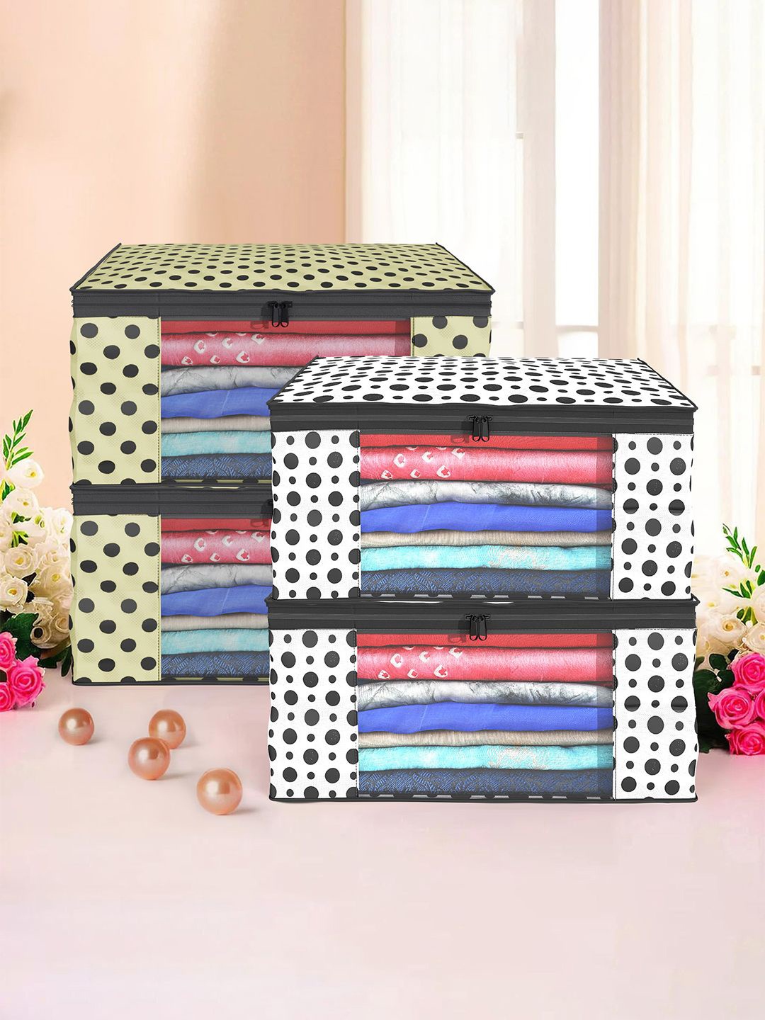 

Kuber Industries Cream & White 4 Pieces Polka Dots Printed Foldable Drawer Organisers