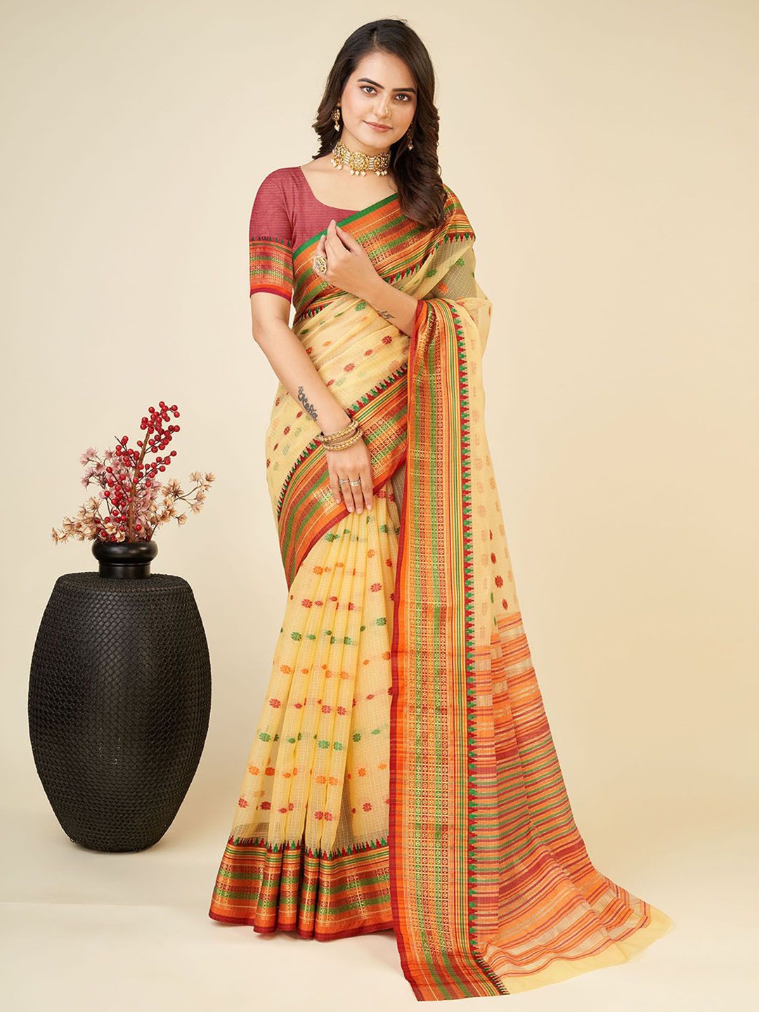

Mitera Woven Design Zari Kota Saree, Yellow