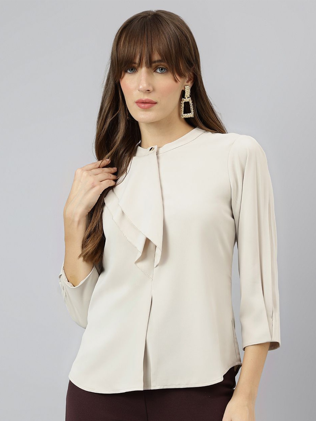 

Latin Quarters Women Solid Mandarin Collar Top, White