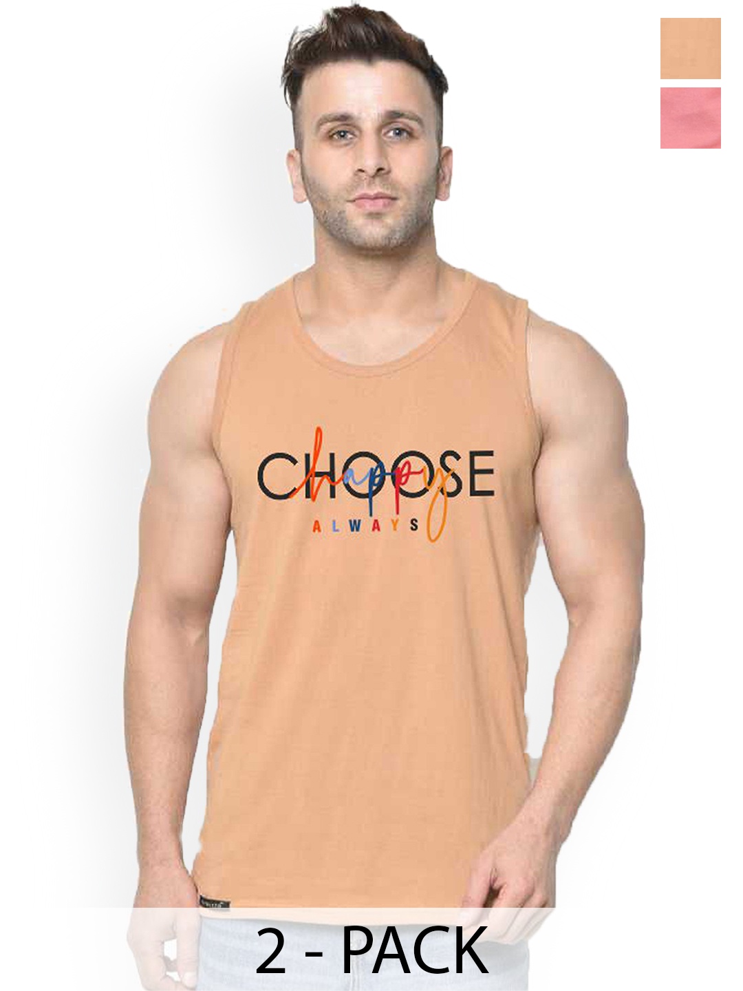 

SLOWLORIS Men Pack Of 2 Printed Gym Vests, Peach