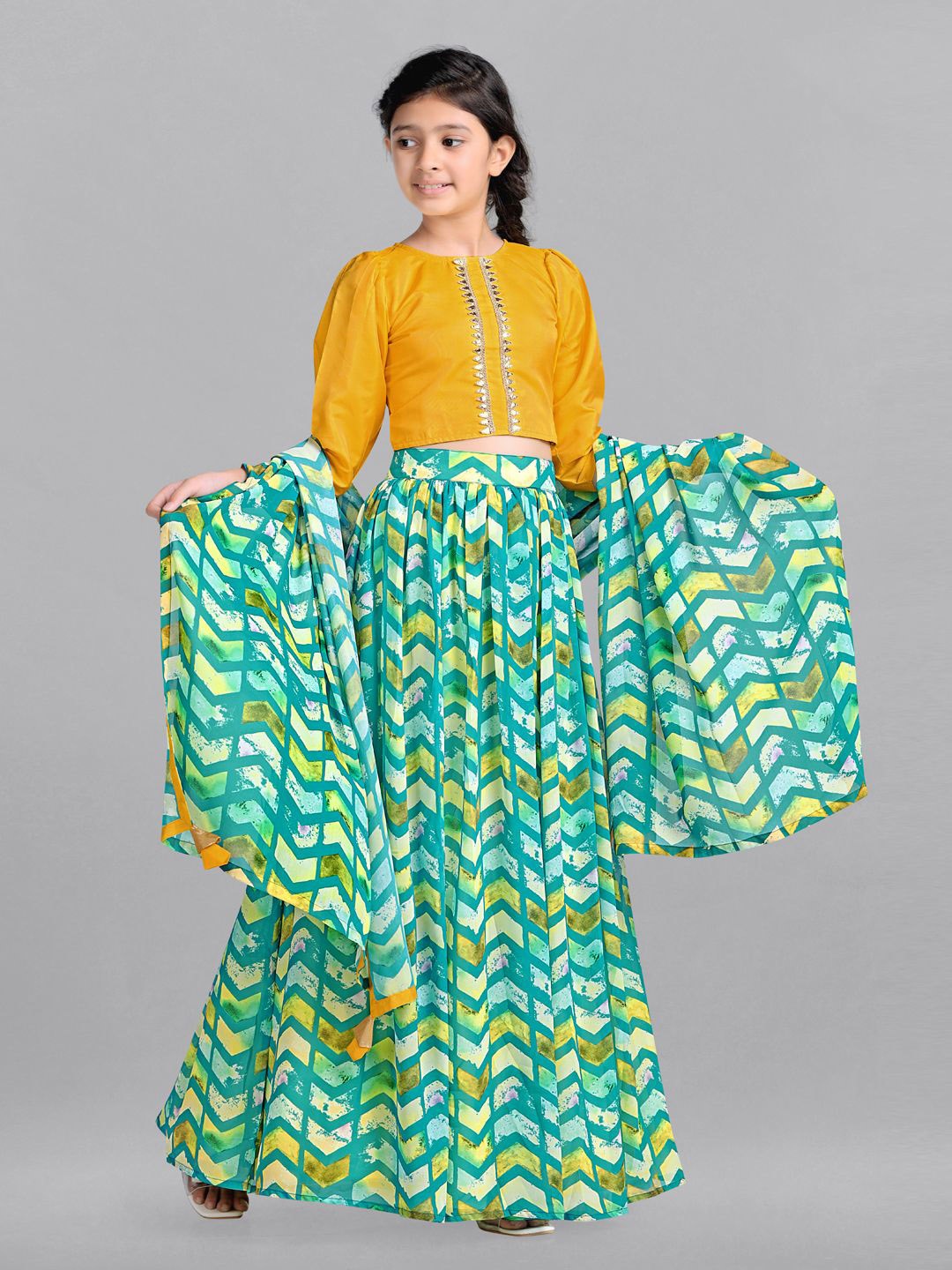 

BAESD Girls Gotta Patti Puffed Sleeves Ready to Wear Lehenga & Blouse With Dupatta, Yellow