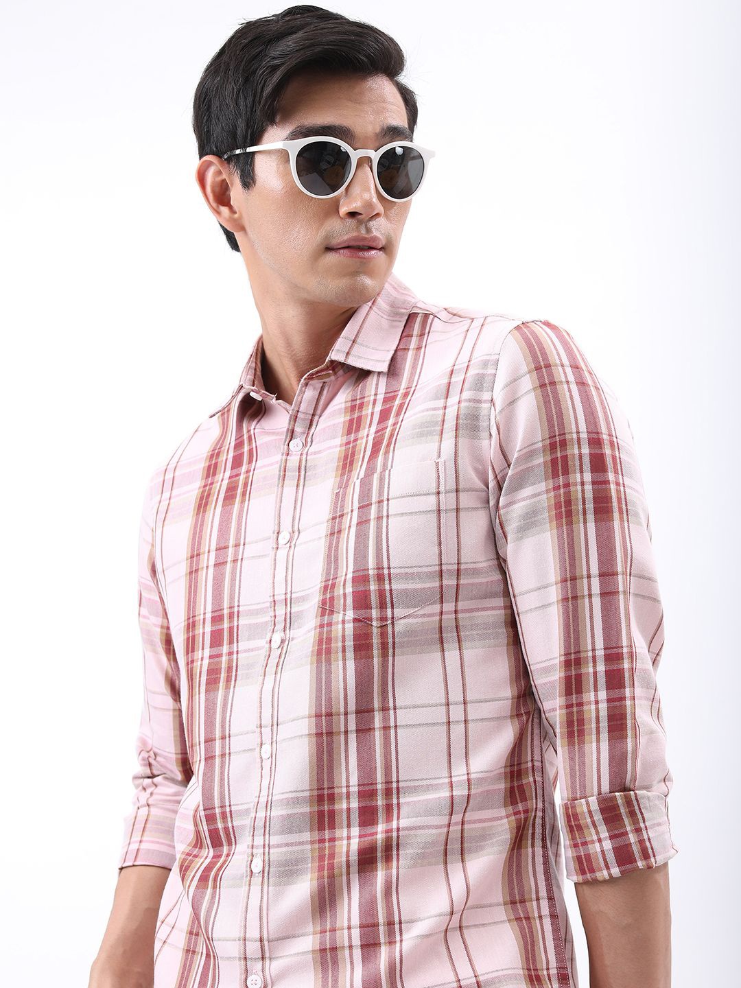 

HIGHLANDER Men Spread Collar Tartan Checked Cotton Slim Fit Casual Shirt, Pink