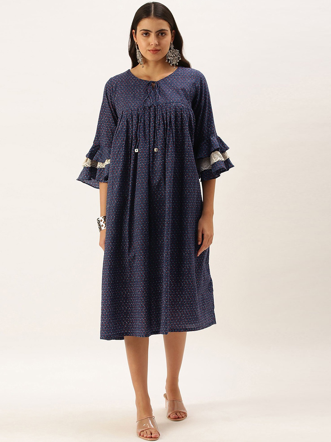 

Shaily Floral Printed Keyhole Neck Cotton Fit & Flare Dress, Navy blue