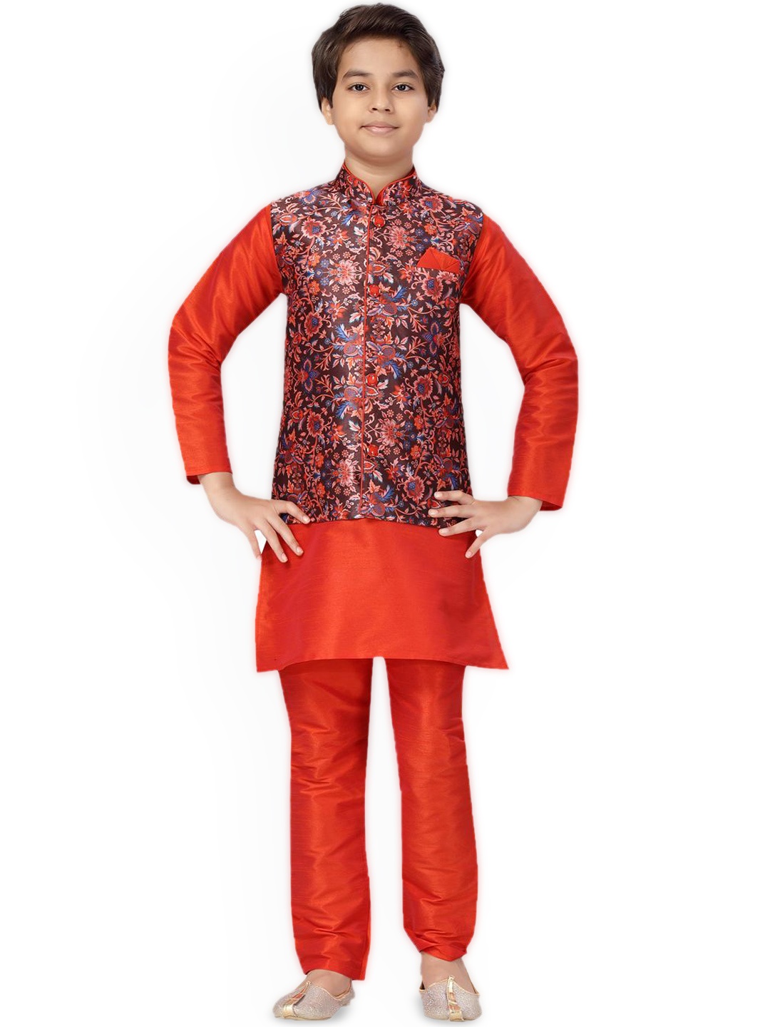 

BAESD Boys Mandarin Collar Pure Cotton Straight Kurta With Pyjamas And Waistcoat, Red