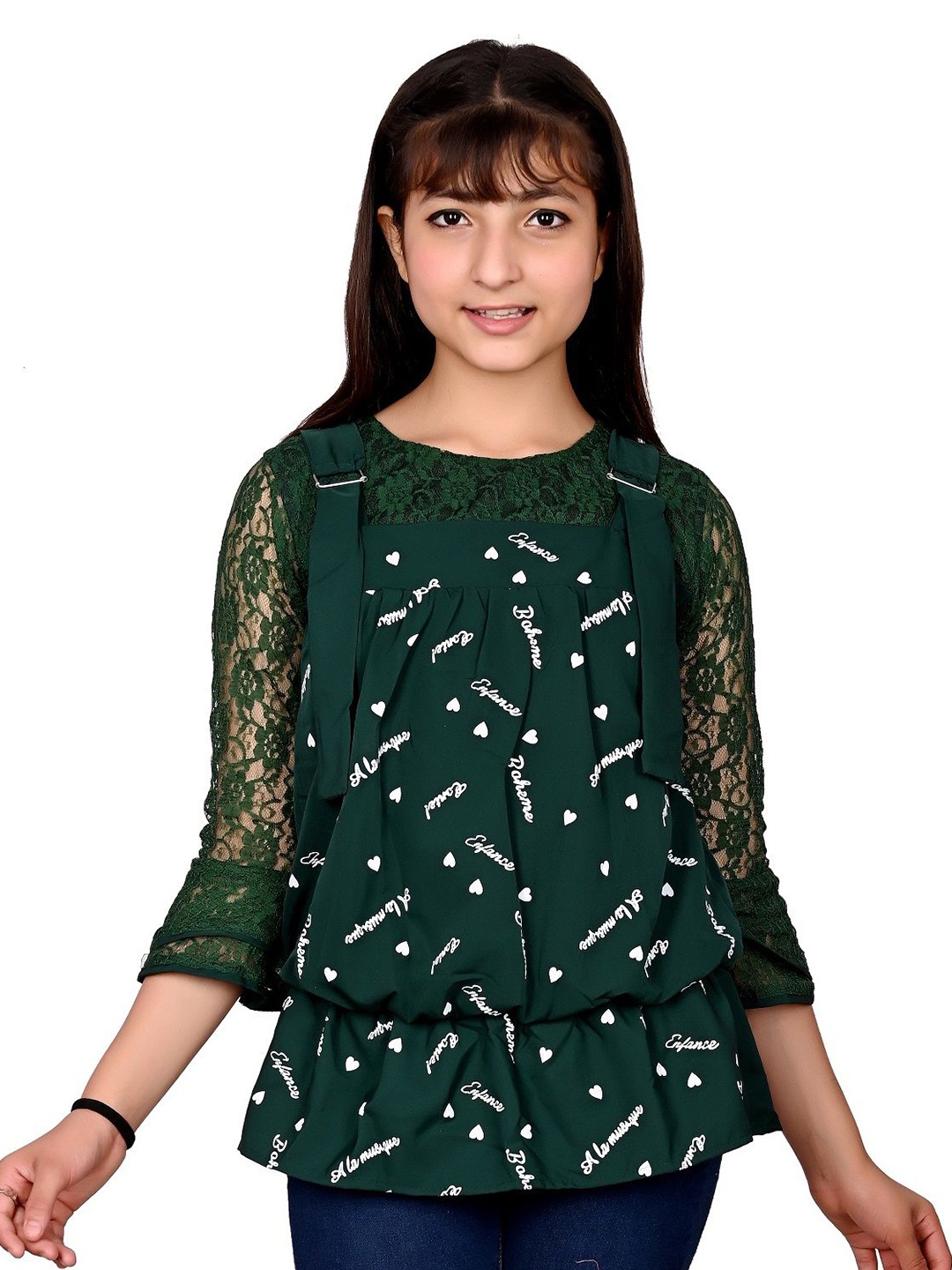 

FELLAMO Girls Typography Printed Round Neck Polycotton Top, Green