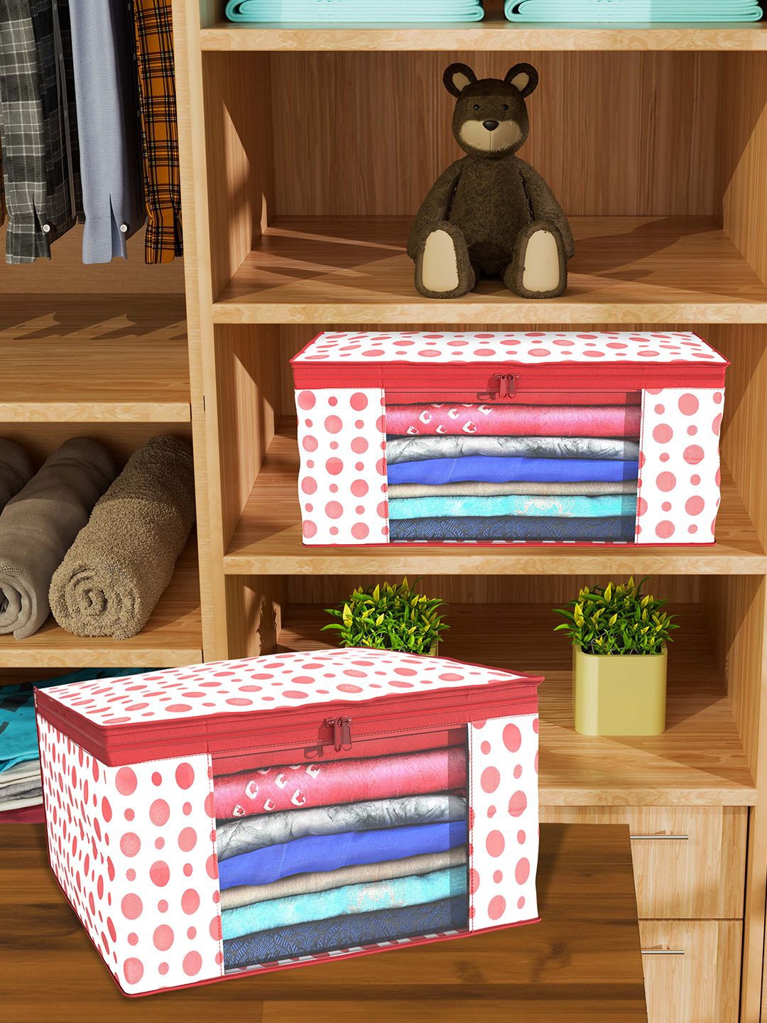 

Kuber Industries Red & Orange 12 Pieces Polka Dot Printed Drawer Organisers