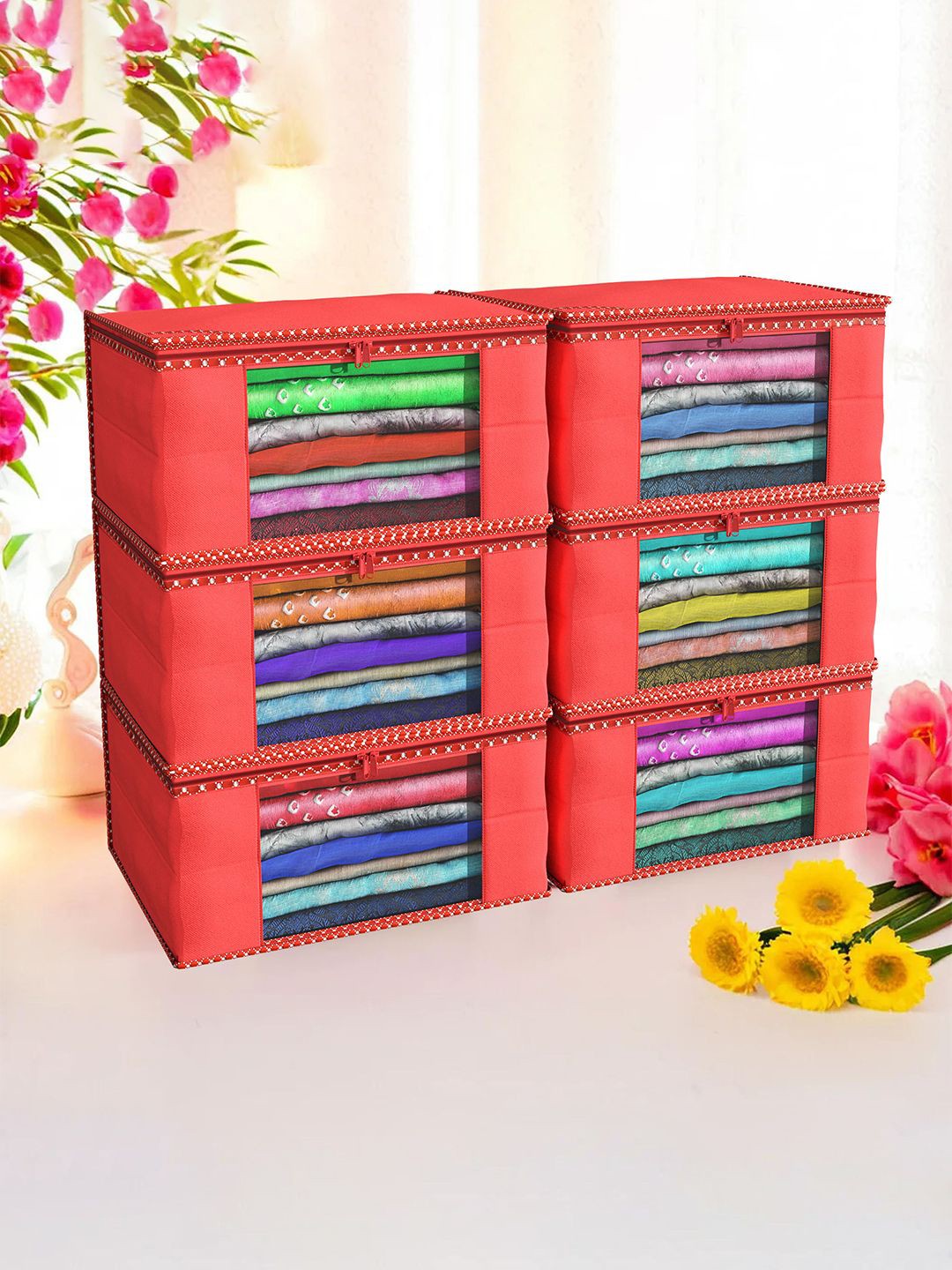 

Kuber Industries Red & White 6 Pieces Printed Foldable Multi Utility Organisers