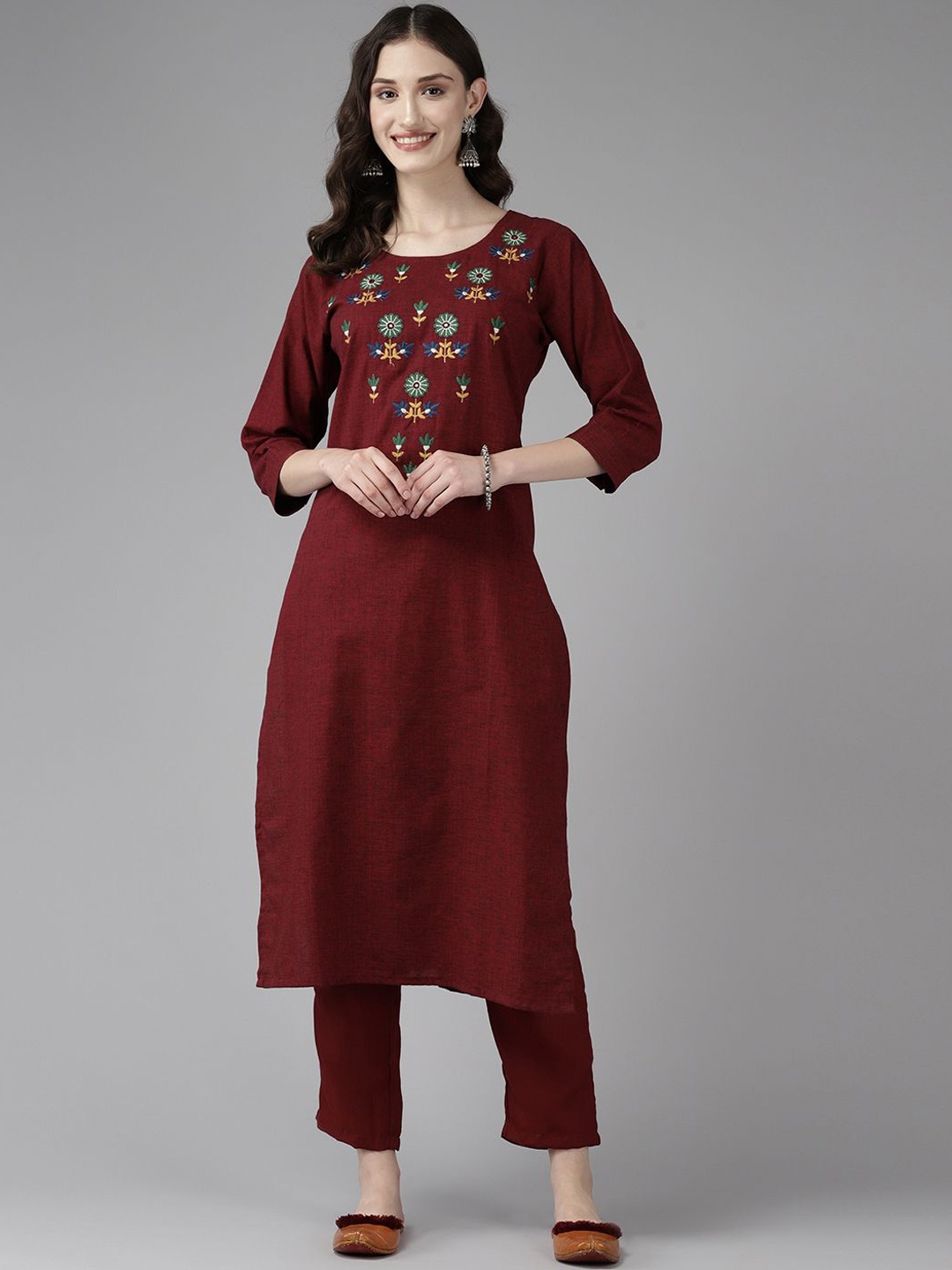 

BAESD Women Embroidered Flared Sleeves Patchwork Anarkali Kurta, Maroon