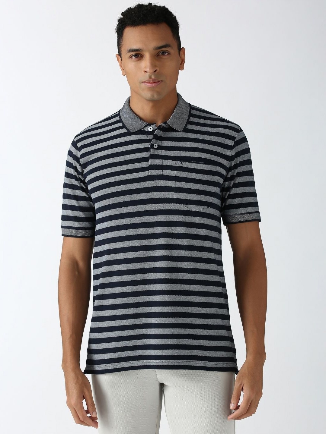

Peter England Men Striped Polo Collar Pockets T-shirt, Grey
