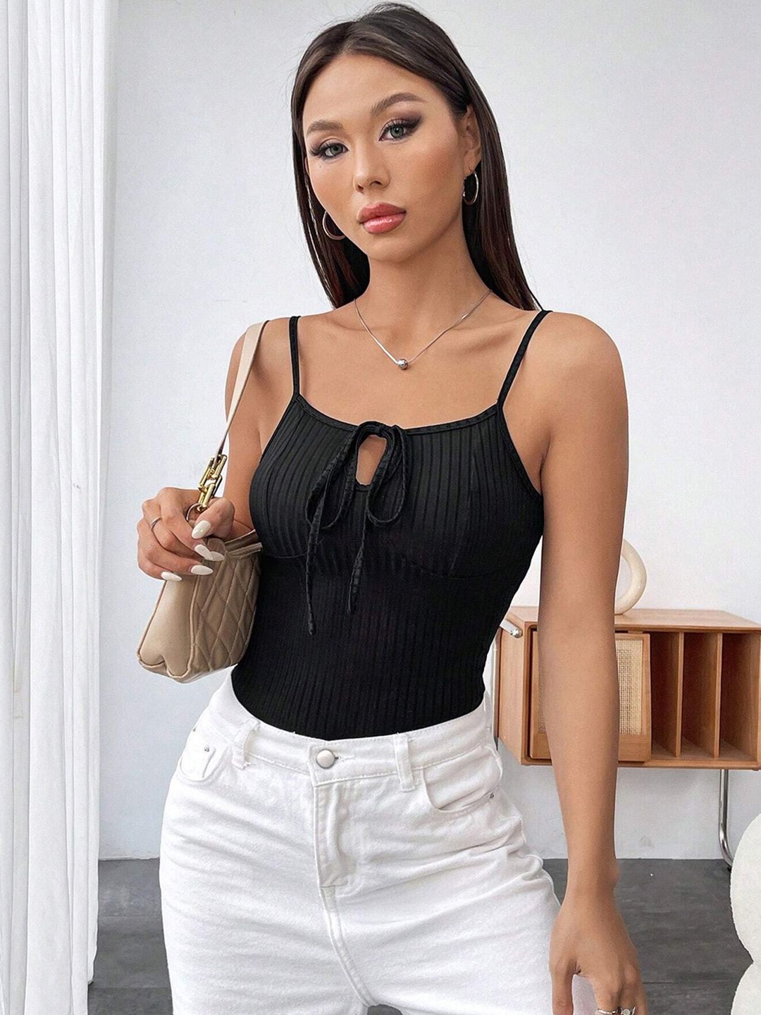 

JC Mode Women Striped Shoulder Straps Top, Black