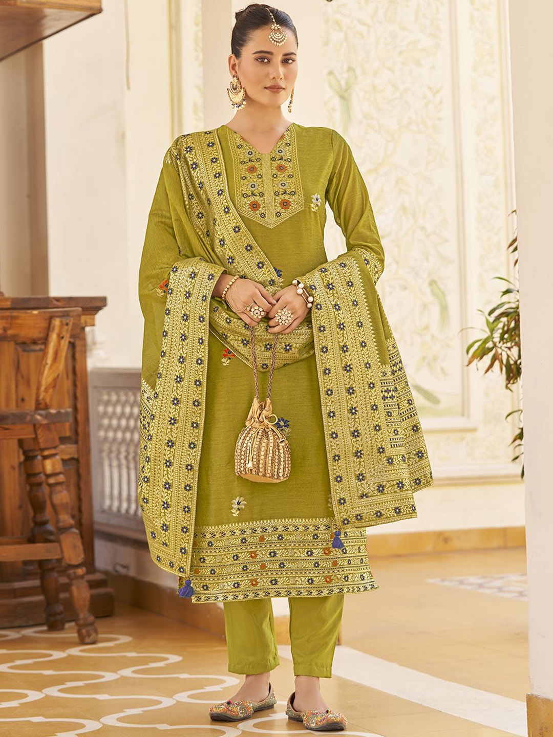 

Shaily Floral Woven Design V-Neck Straight Kurta With Trousers & Dupatta, Mustard