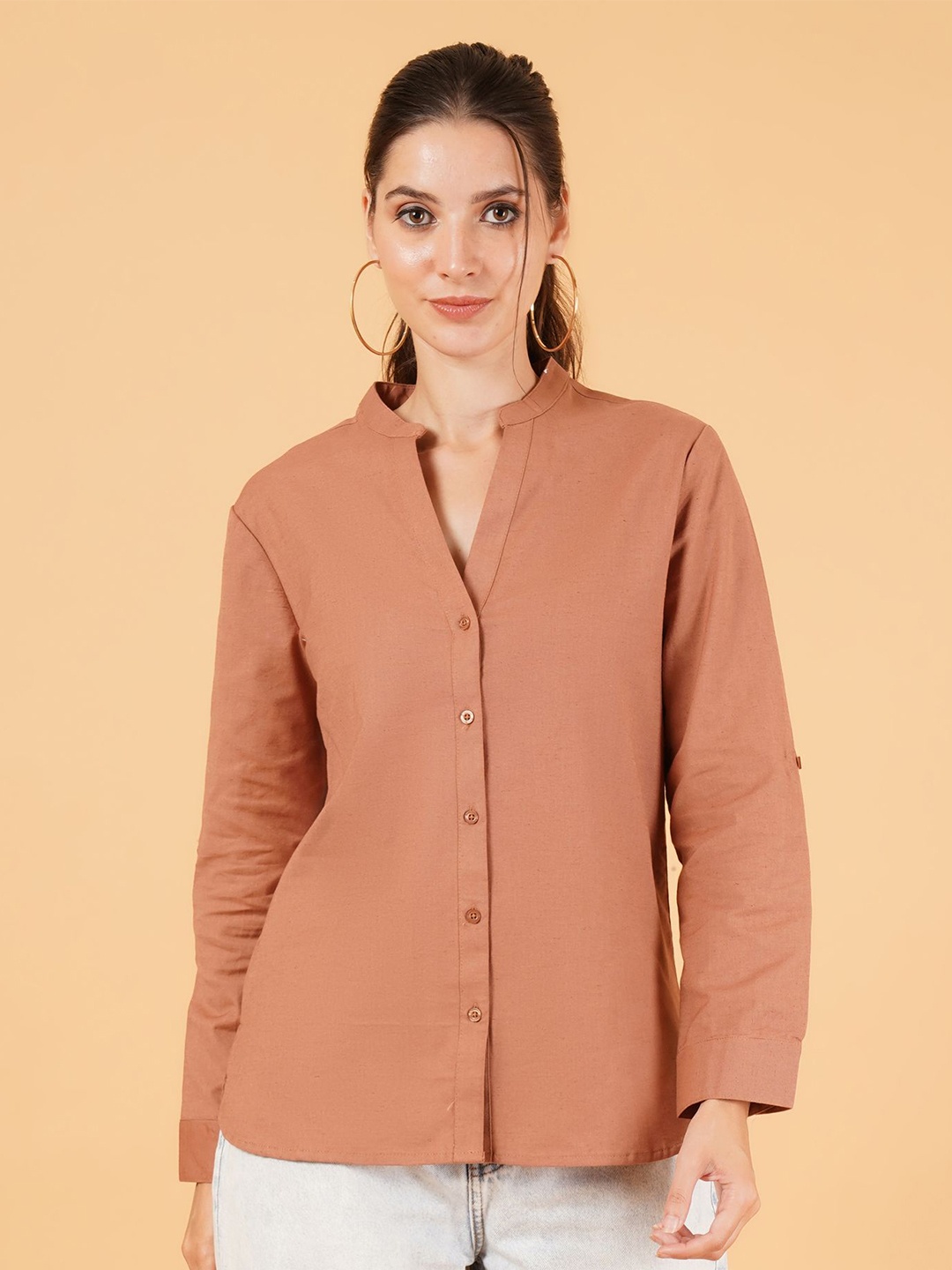 

IX IMPRESSION Women Relaxed Mandarin Collar Solid Cotton Casual Shirt, Brown