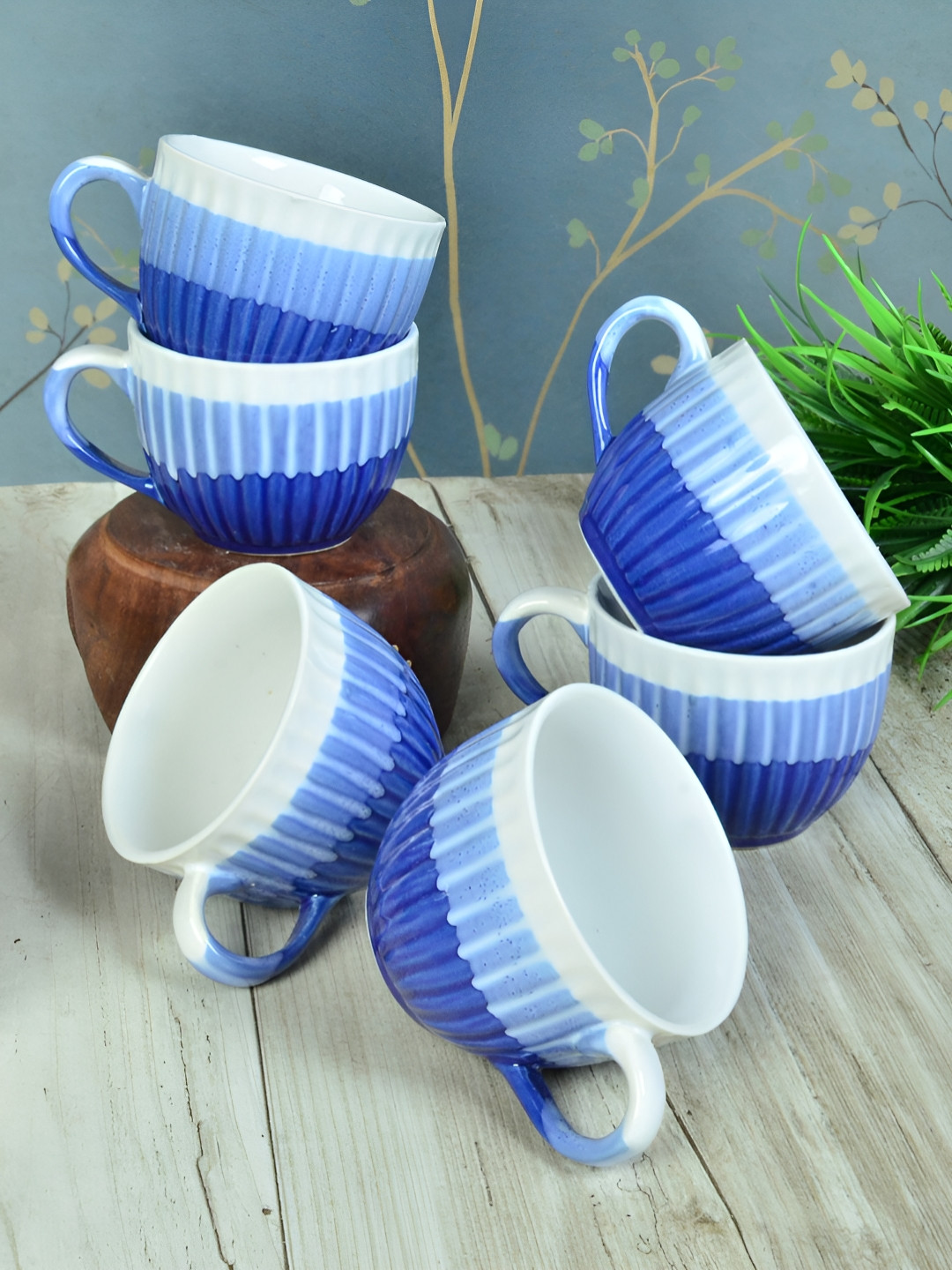 

FABINALIV Set of 6 Blue & White Textured Ceramics Glossy Cups