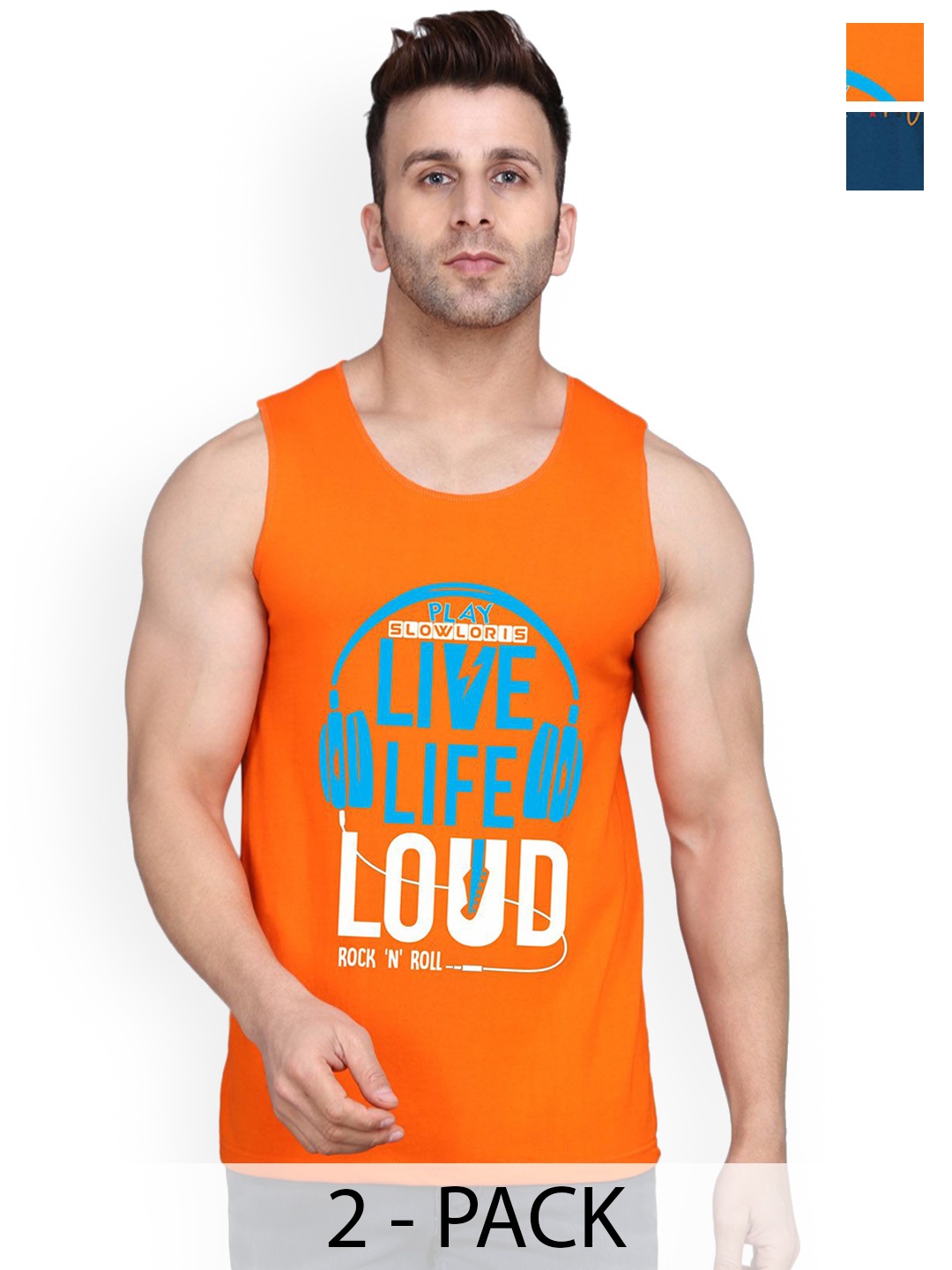 

SLOWLORIS Pack Of 2 Men Printed Gym Vests, Orange