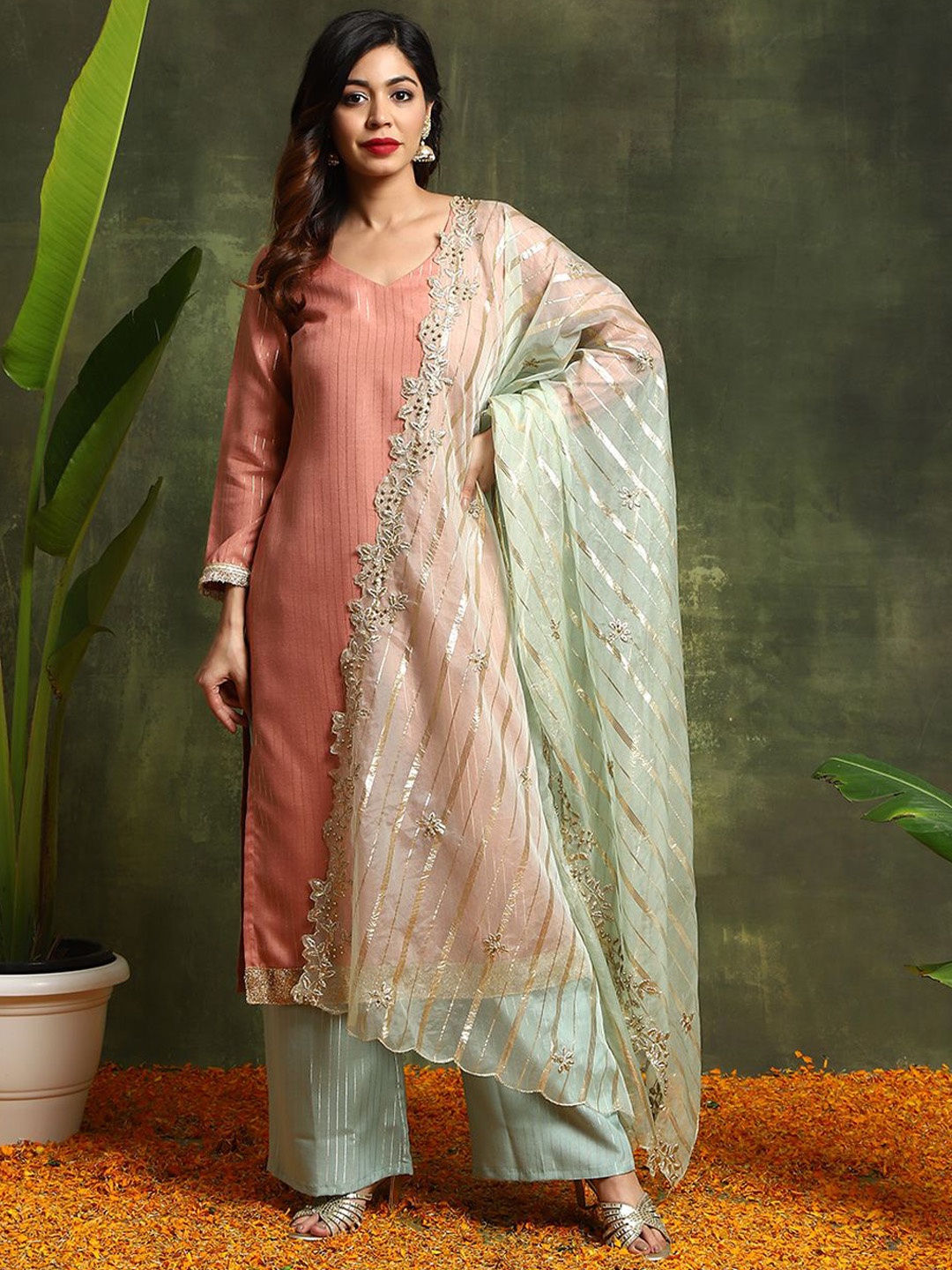 

Sangria Embroidered With Striped Straight Kurta Set, Peach