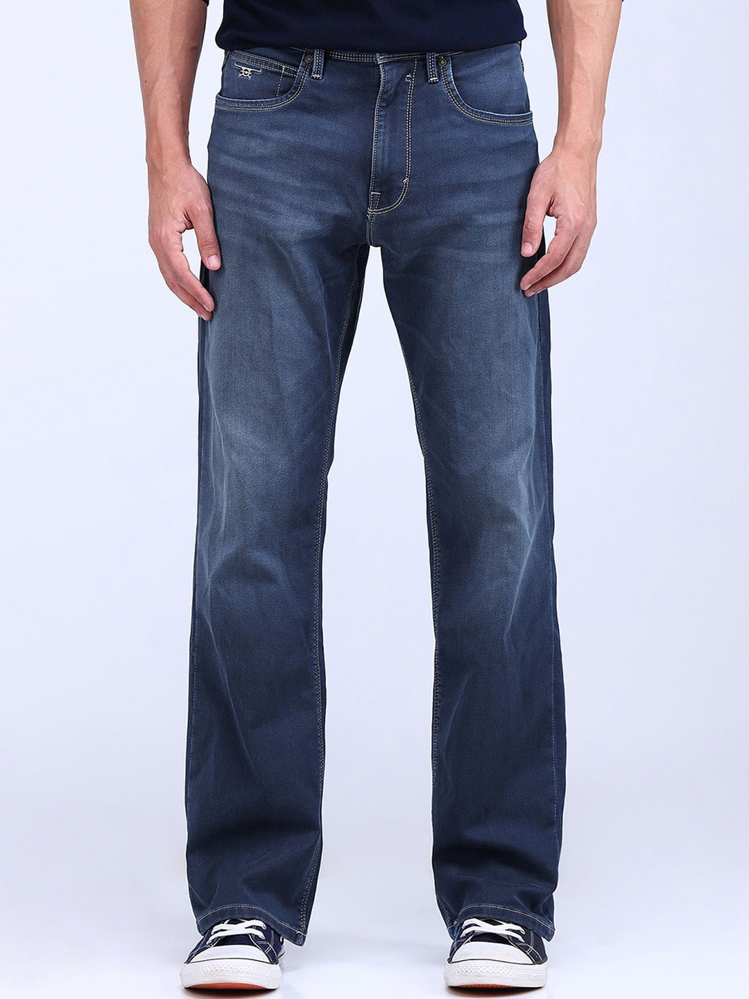 

Flying Machine Men Bootcut Low Distress Light Fade Stretchable Jeans, Blue