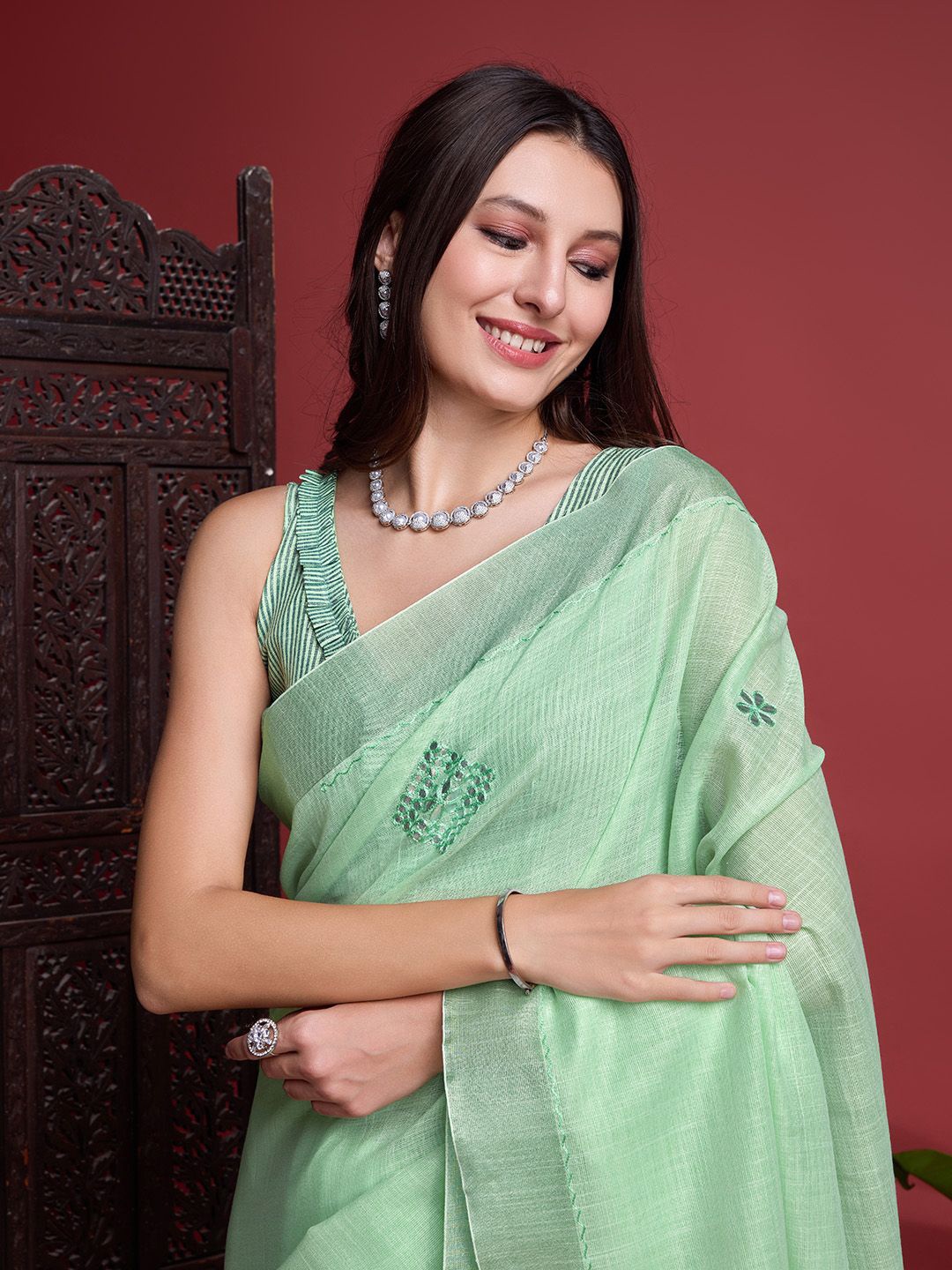 

Mitera Ethnic Motifs Embroidered Saree, Sea green