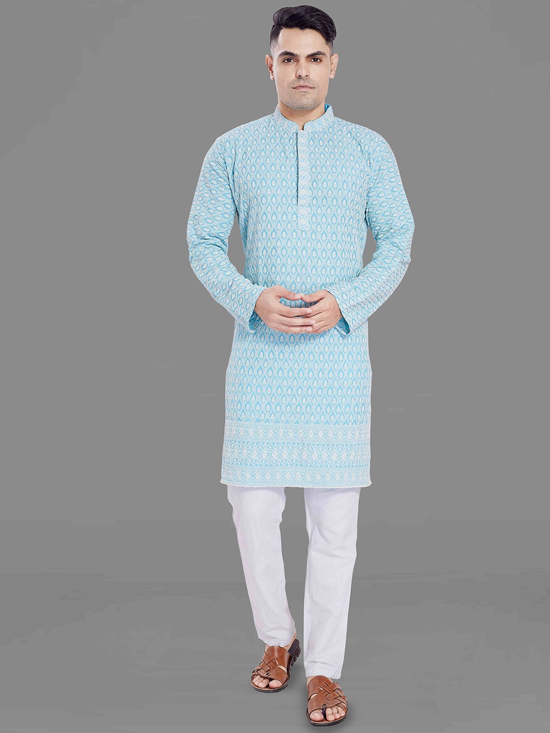 

DIVISIVE Men Geometric Kurta, Turquoise blue