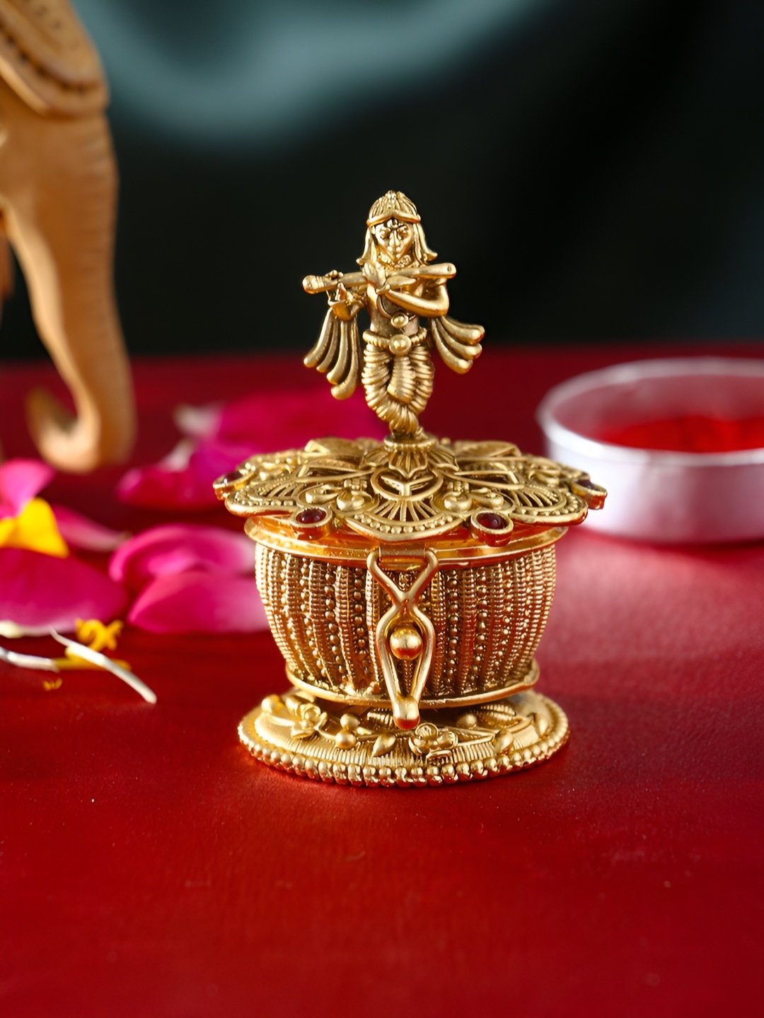 

Adwitiya Collection 24CT Gold-plated Lord Krishna Kumkum Box Pooja Essentials