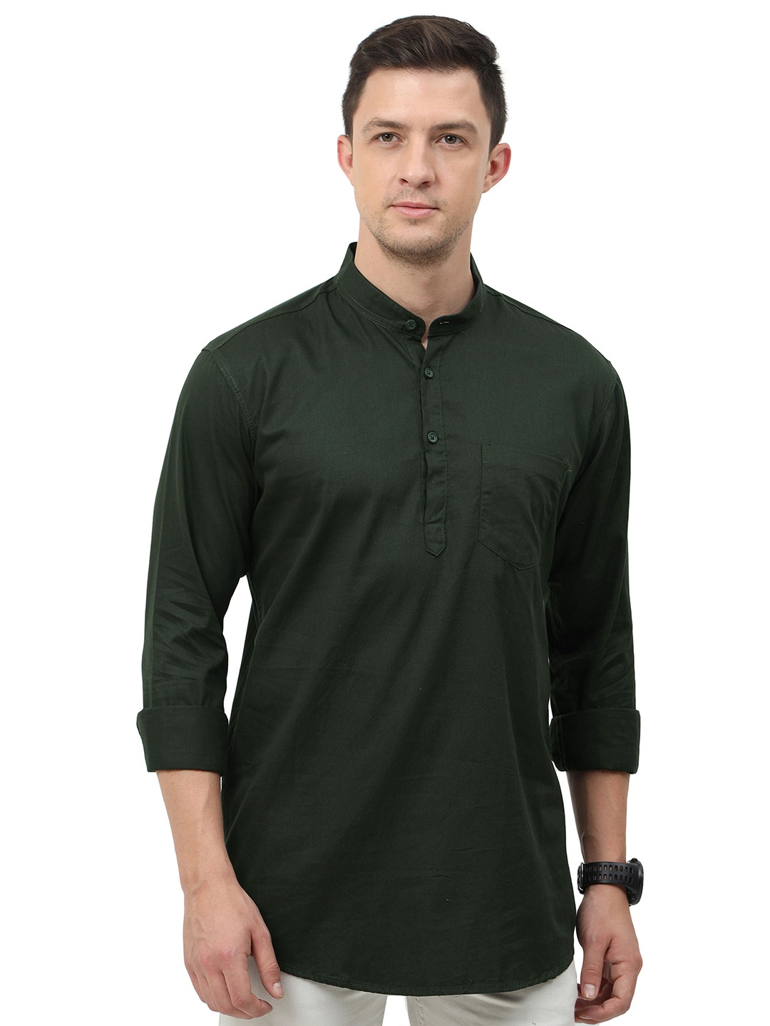 

MIRAAN Men Cotton Short Kurta, Green