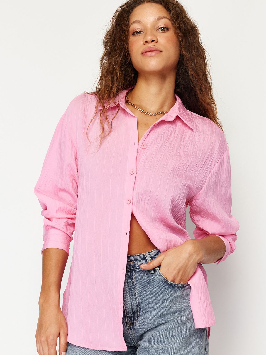 

Trendyol Women Spread Collar Solid Casual Shirt, Pink