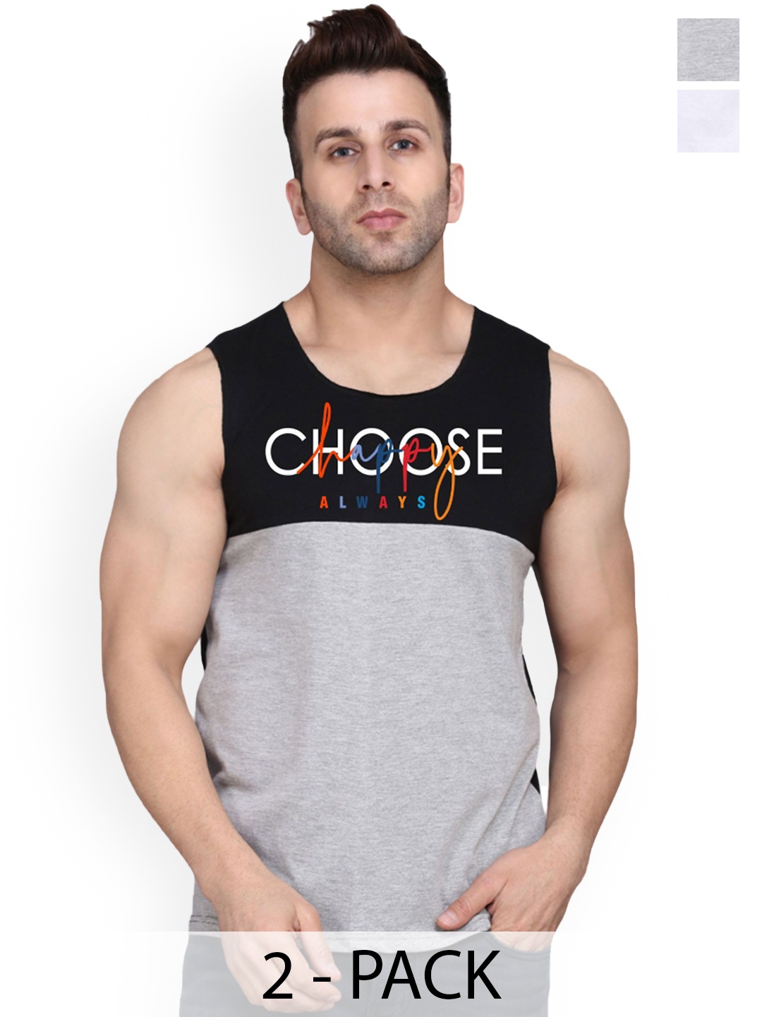 

SLOWLORIS Pack Of 2 Men Printed Gym Vests, White