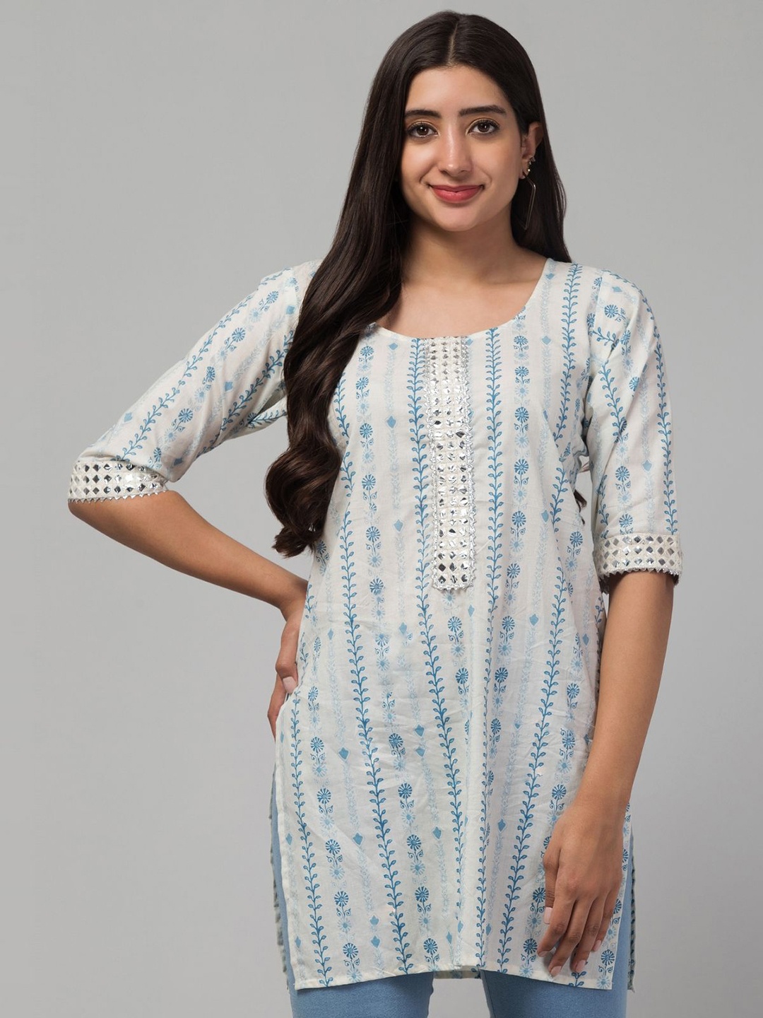 

BESTIC FASHION Women Tribal Flared Sleeves Floral Organic Cotton Kurta, Blue