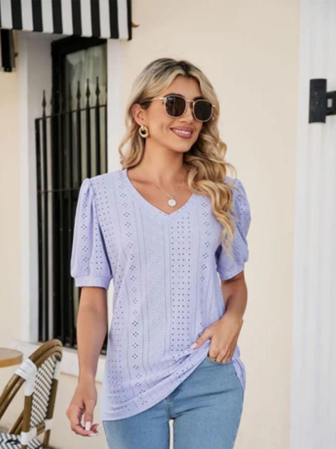 

StyleCast Women Vertical Stripes Self Design Round Neck Top, Lavender