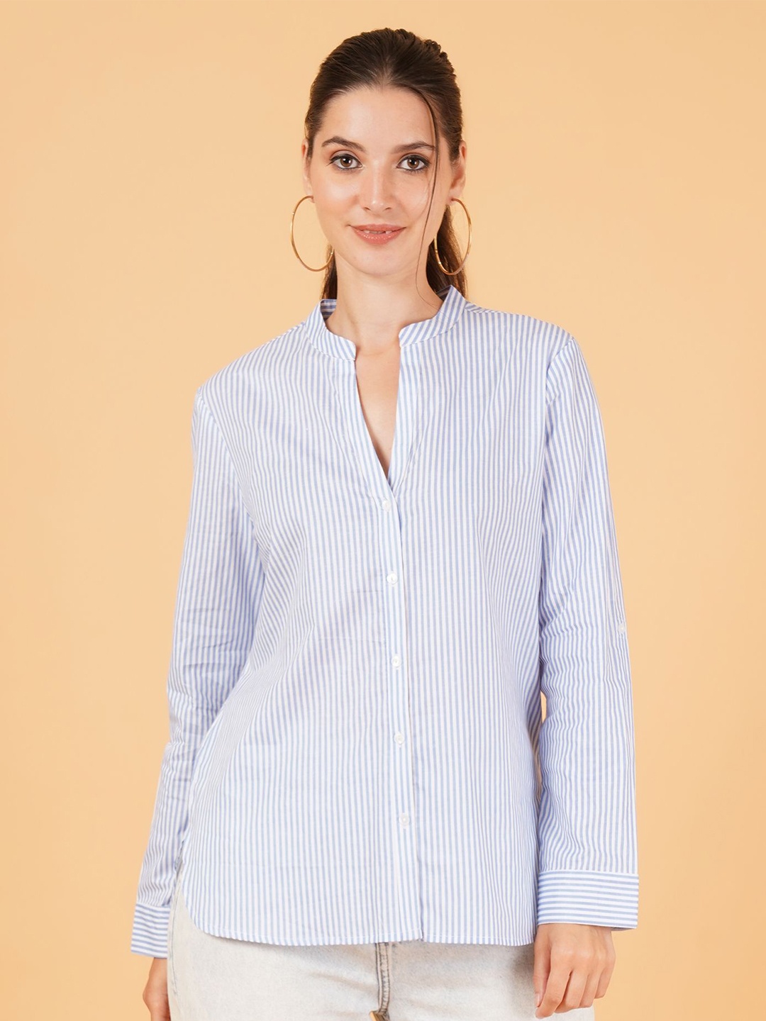 

IX IMPRESSION Women Relaxed Mandarin Collar Striped Cotton Casual Shirt, Blue