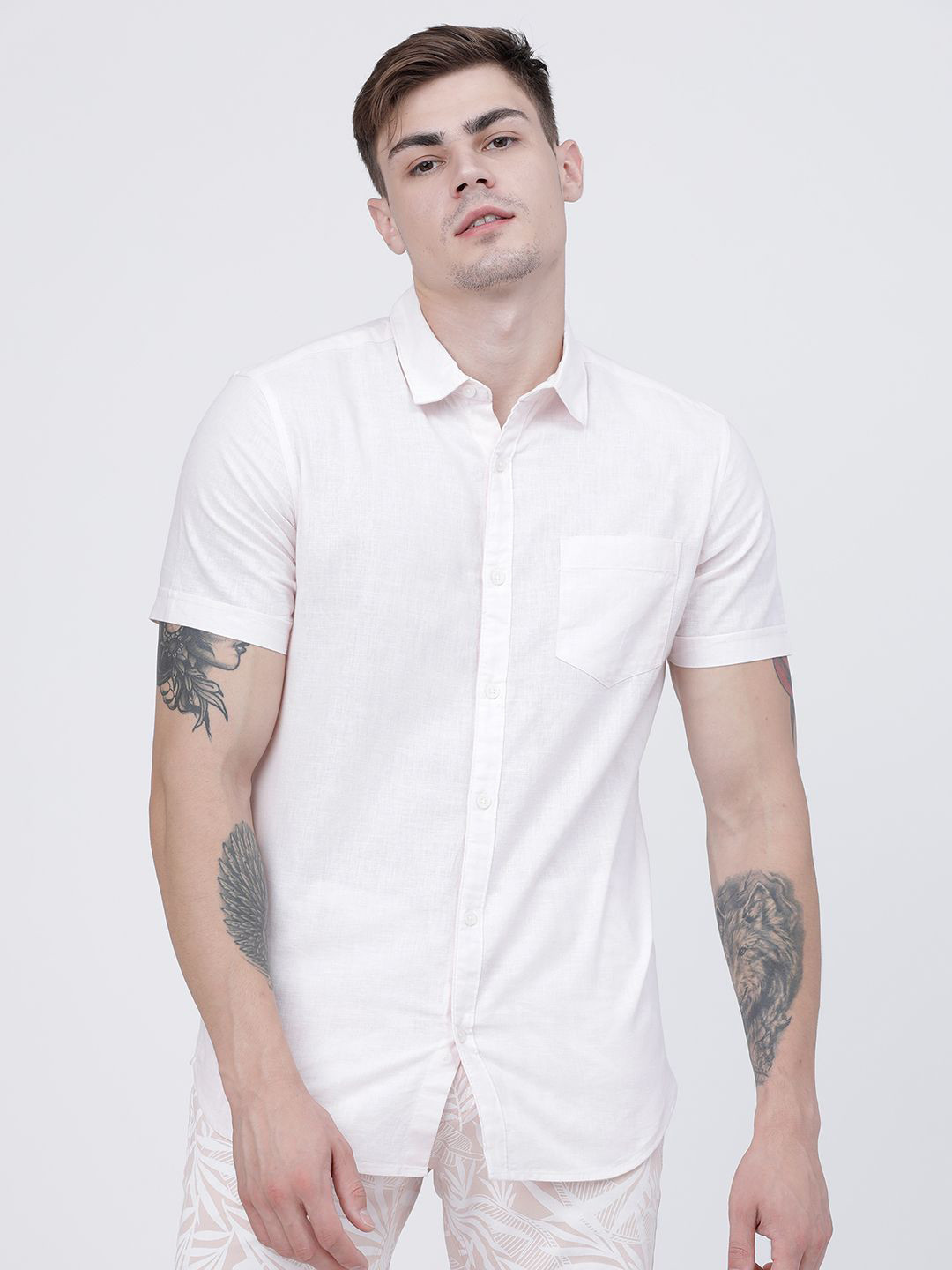 

HIGHLANDER Men Spread Collar Solid Cotton Linen Slim Fit Casual Shirt, Pink