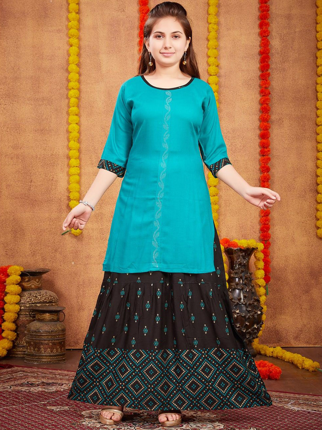 

BAESD Girls Regular Beads and Stones Kurti with Skirt, Turquoise blue
