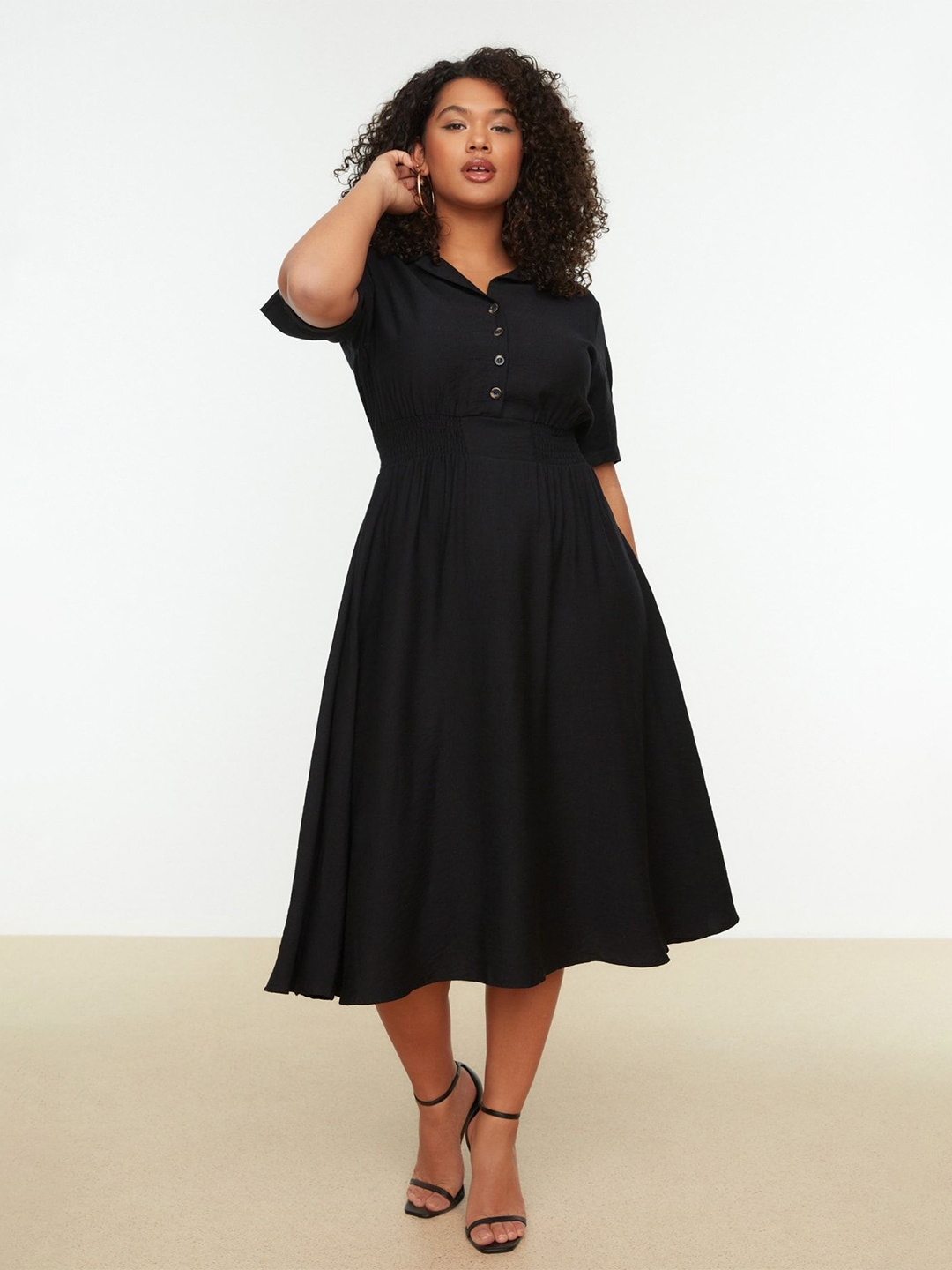 

Trendyol Shirt Collar Fit & Flare Midi Dress, Na