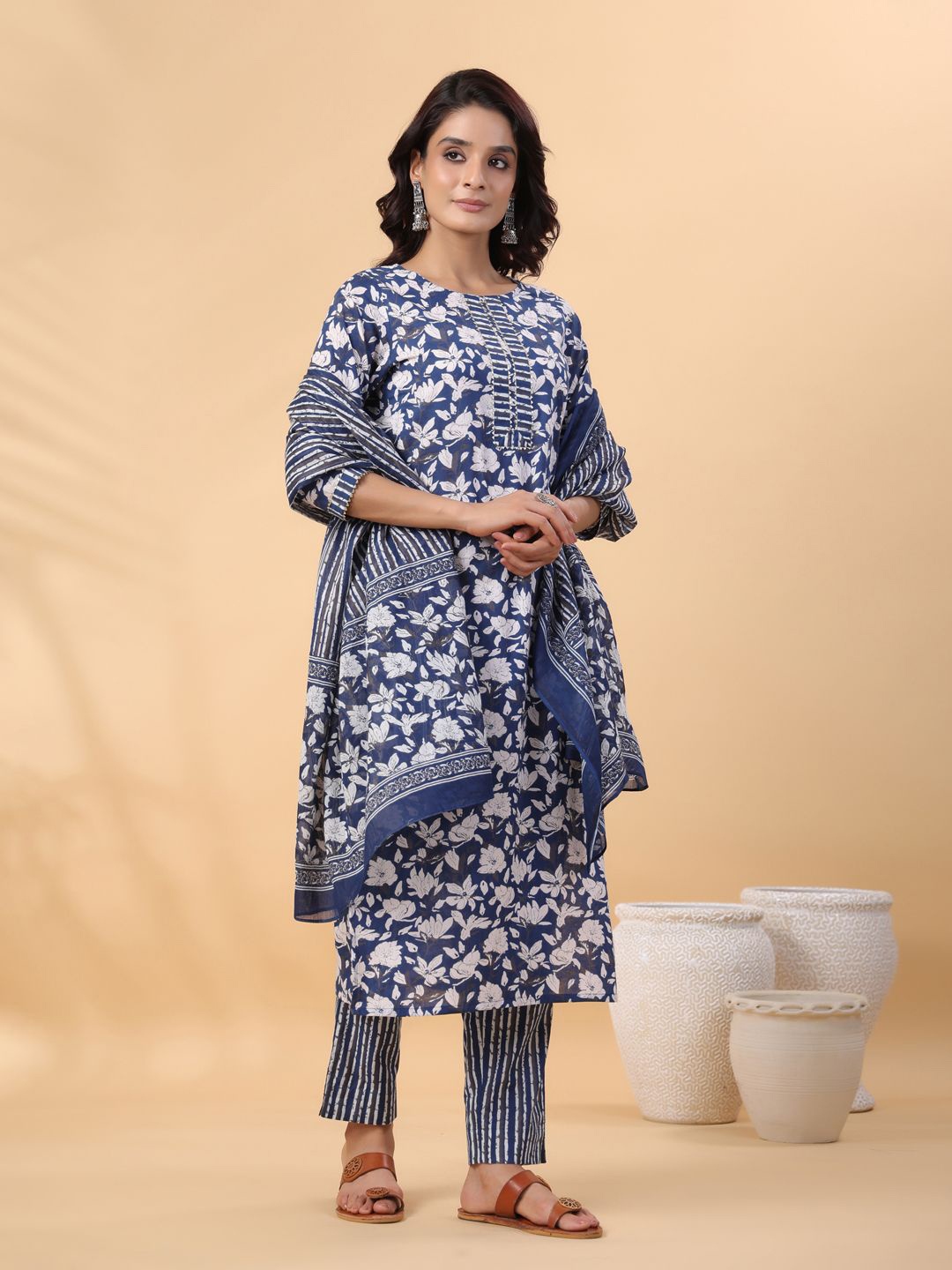 

Janasya Women Floral Printed Regular Pure Cotton Kurta with Trousers & With Dupatta, Blue