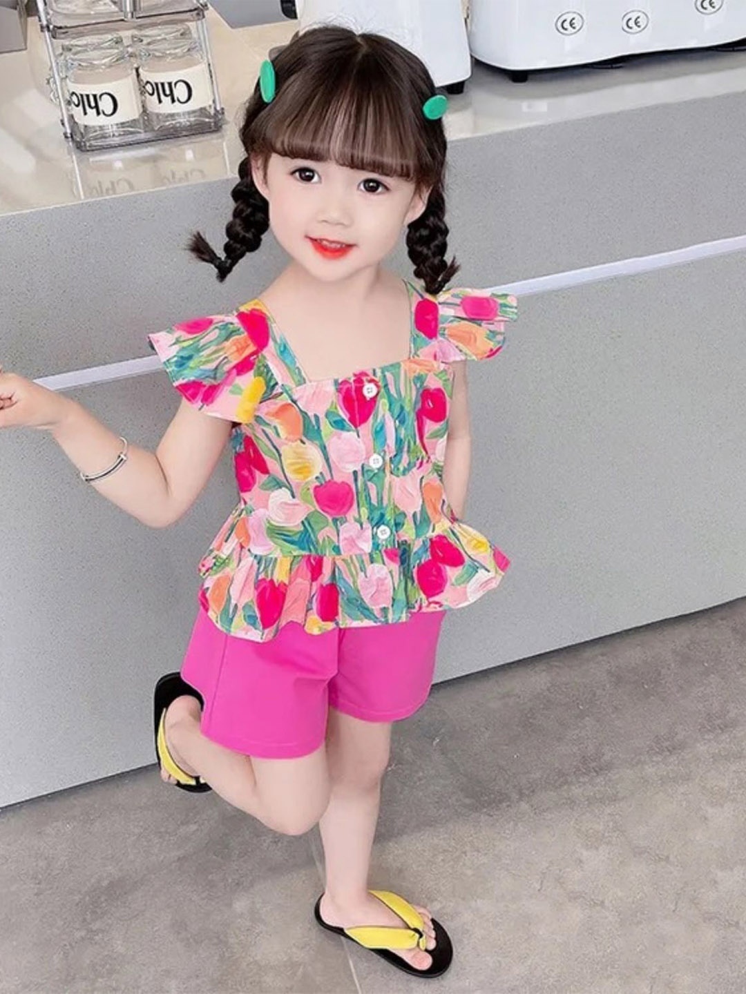 

TrendyKid Girls Floral Printed Square Neck Top with Shorts, Pink