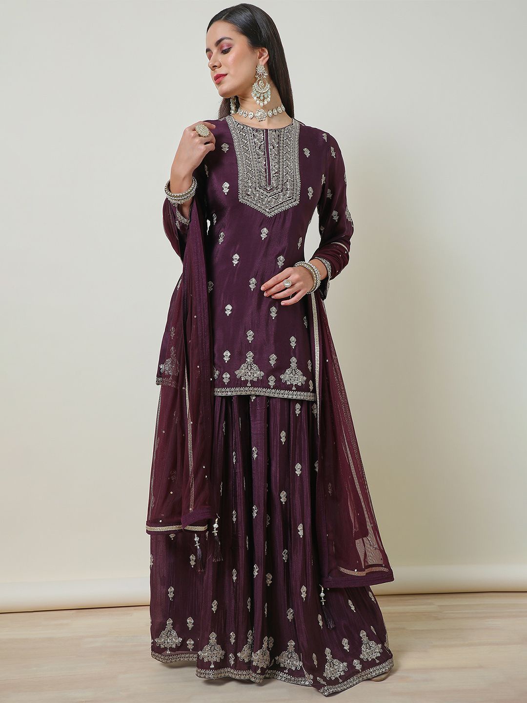 

Soch Women Ethnic Motifs Embroidered Regular Kurta with Palazzos & With Dupatta, Maroon