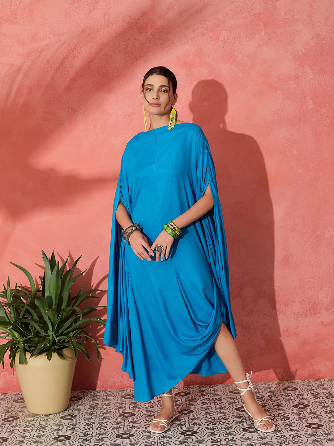 

InWeave Solid Batwing Sleeve A-Line Dress, Blue