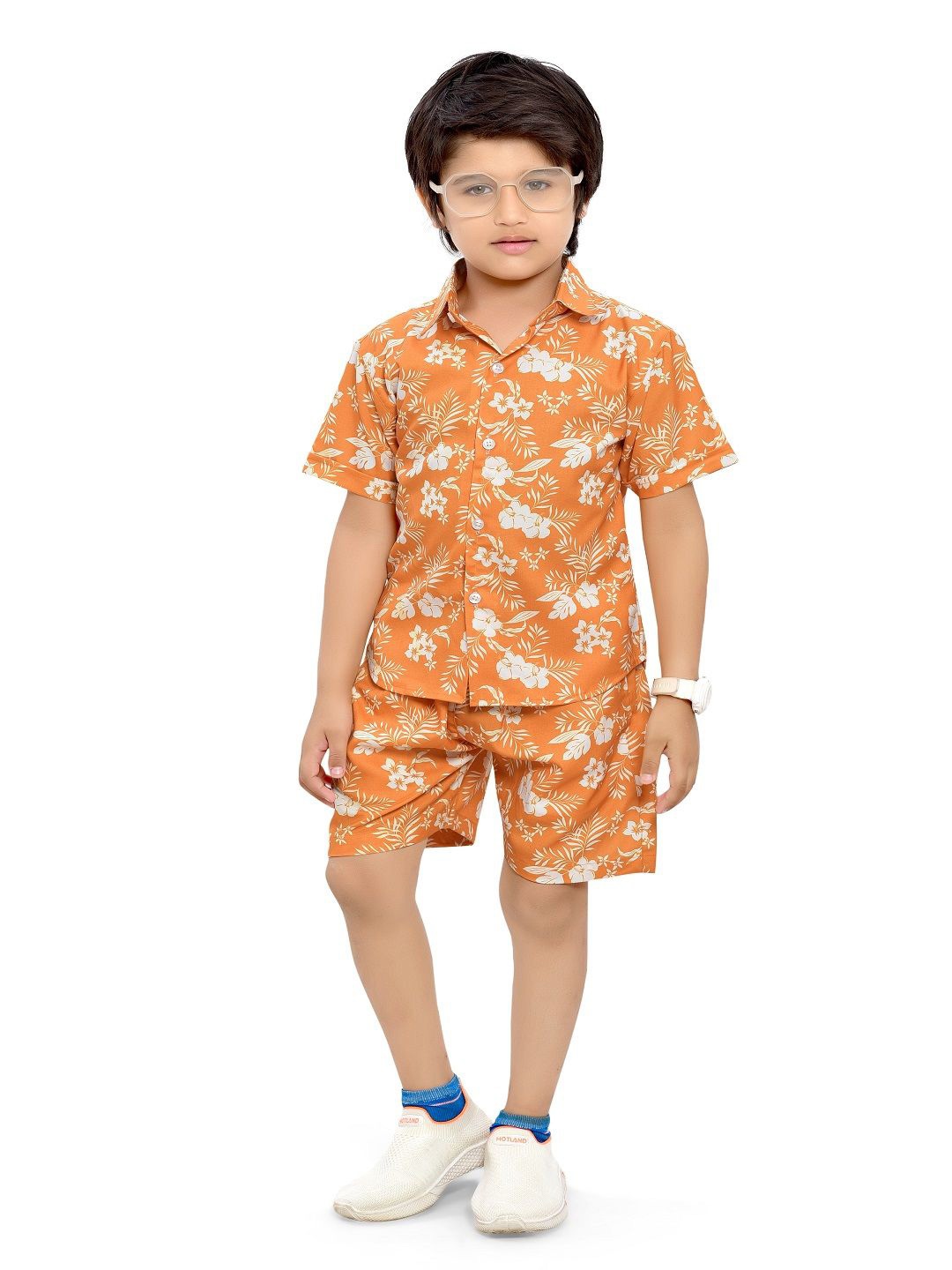 

BAESD Boys Floral Printed Pure Cotton Shirt with Shorts, Orange