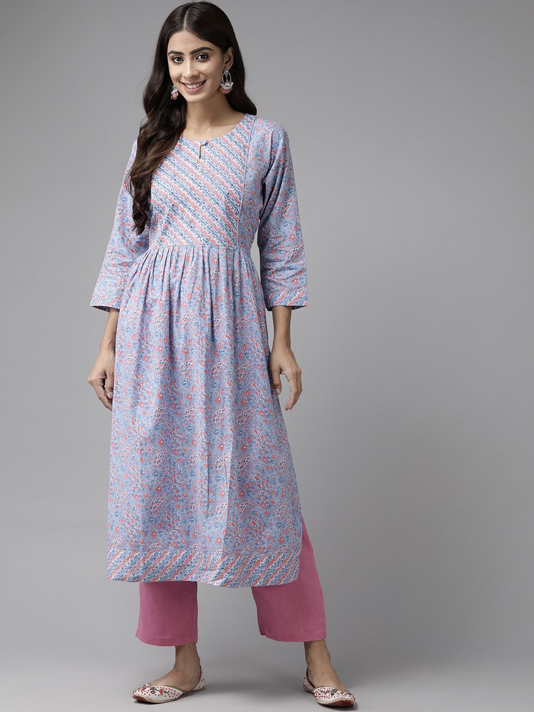 

BAESD Women Geometric Yoke Design Keyhole Neck Flared Sleeves Thread Work Anarkali Kurta, Turquoise blue