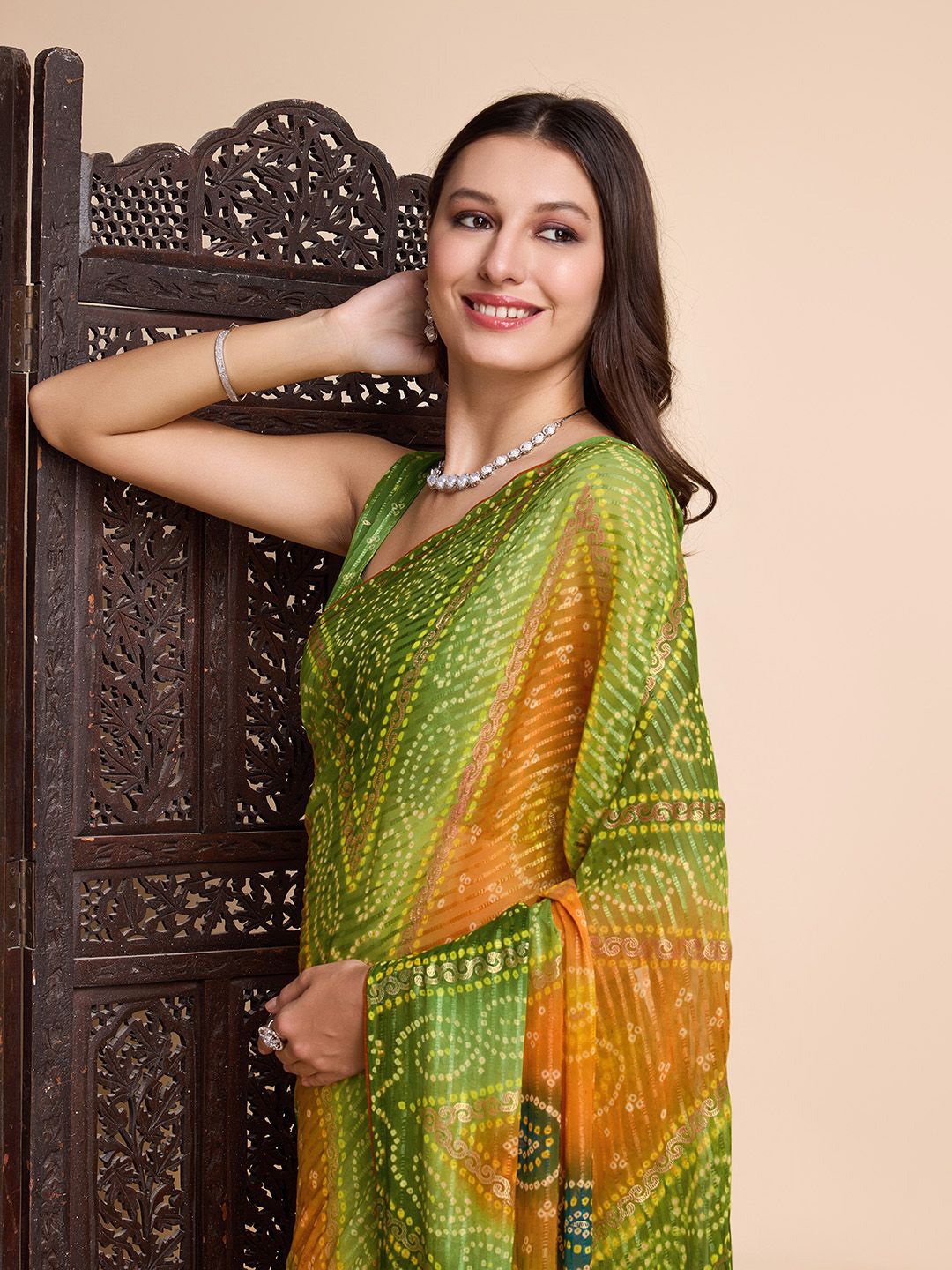 

Mitera Floral Saree, Fluorescent green
