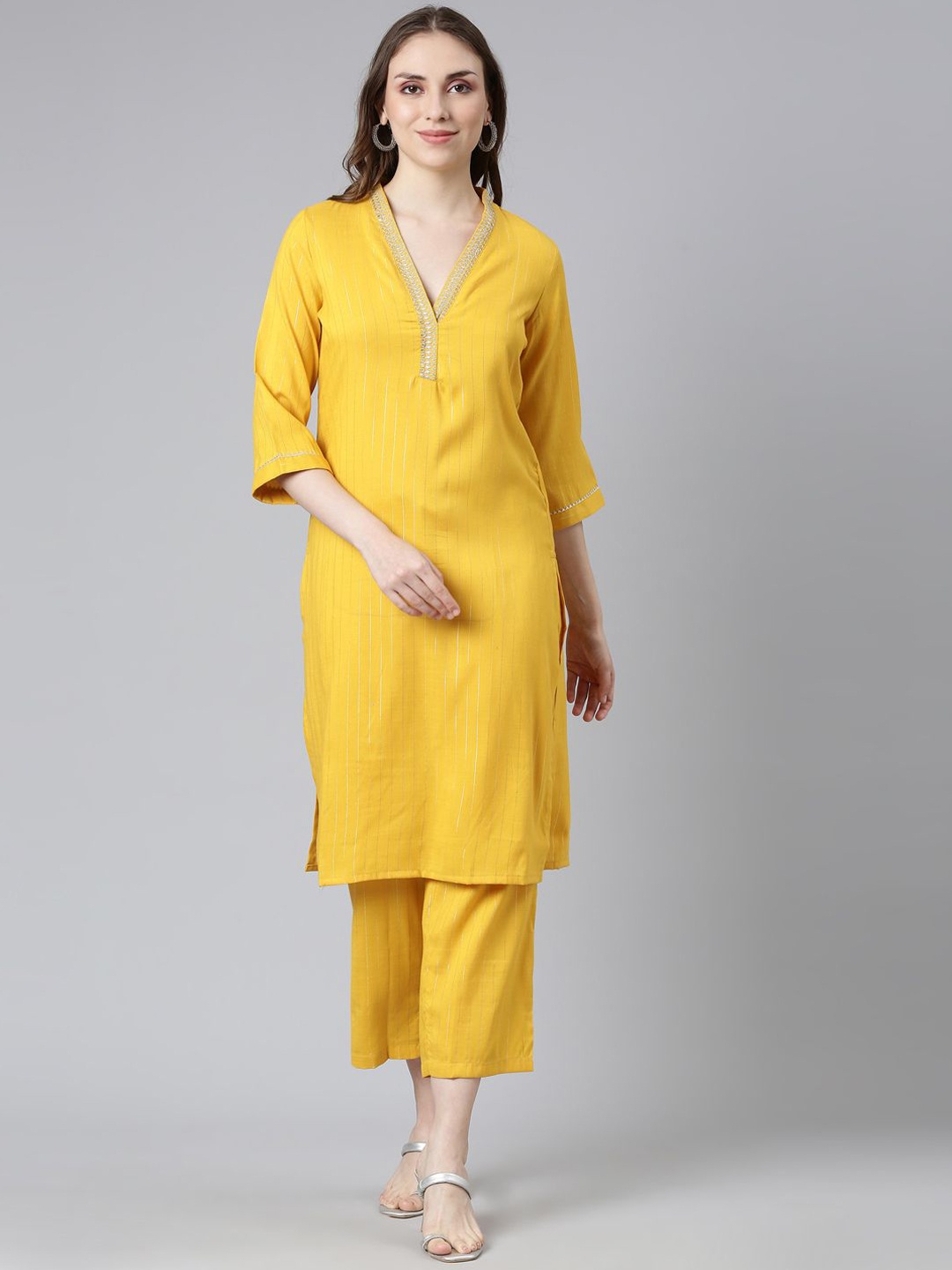 

Samhitas Women Striped Regular Kurta with Trousers, Yellow