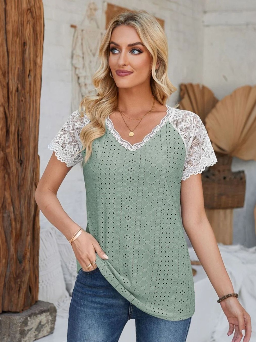 

StyleCast Women Self Design V-Neck Top, Green