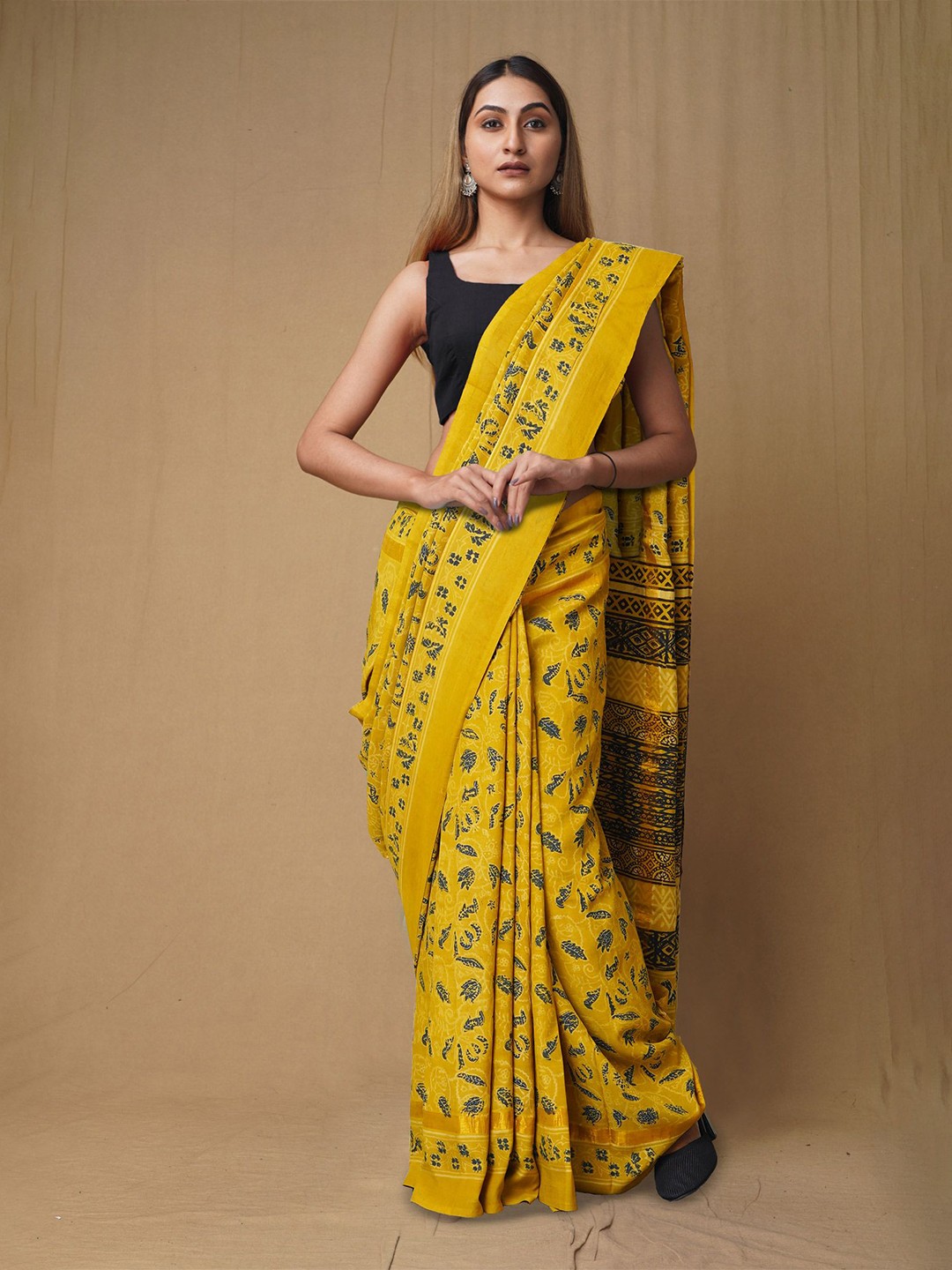 

Unnati Silks Ajrak Block Handloom Chanderi Saree, Yellow
