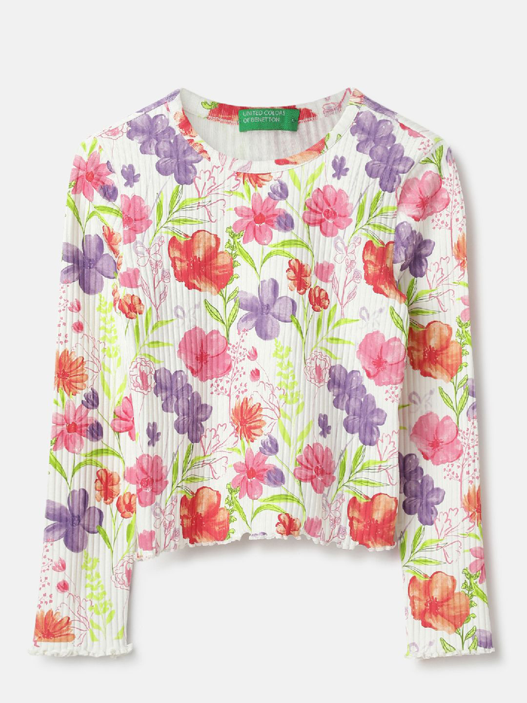 

United Colors of Benetton Girls Floral Printed Round Neck Top, White