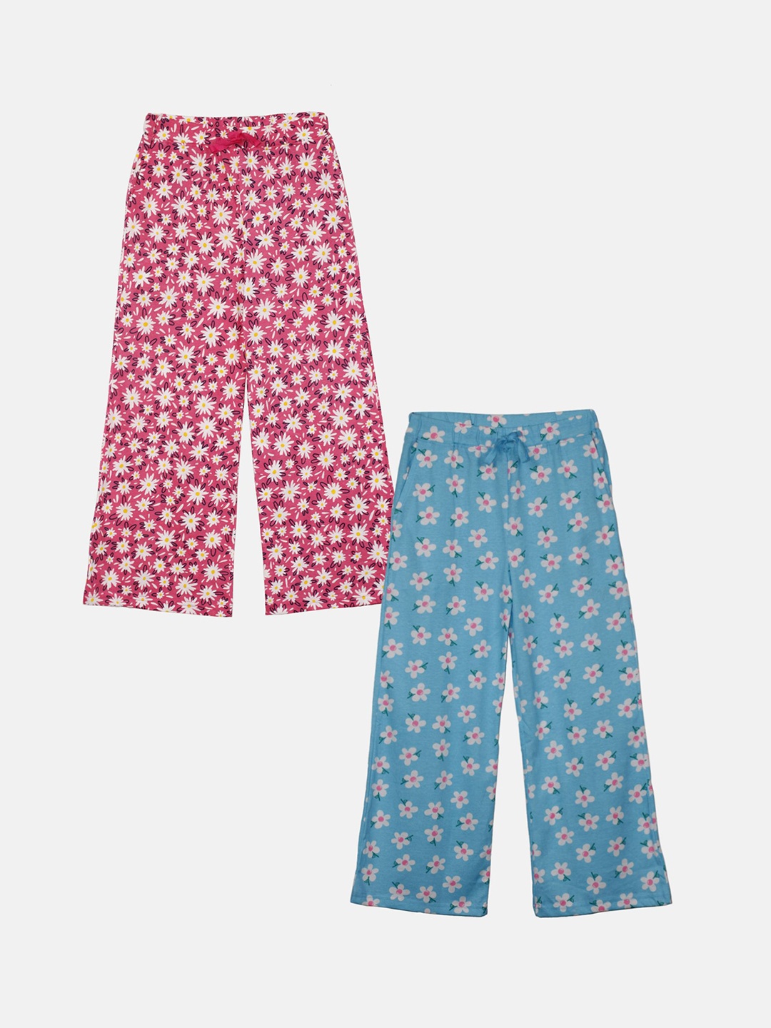 

KiddoPanti Girls Pack of 2 Floral Printed Cotton Flared Lounge Pants, Pink