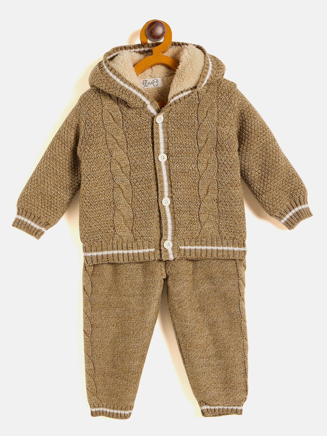 

JWAAQ Boys Self Design Hooded Long Sleeves Sweater with Joggers, Camel brown
